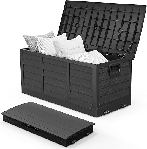 Miniatura 9 de VINGLI Caja de almacenamiento al aire libre mejorada de 75 galones, contenedores de almacenamiento de plástico con cerradura con tapa, muebles de
