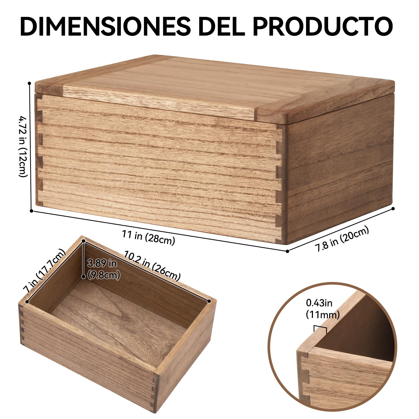 KIRIGEN Caja de Madera con Tapa, Caja de Almacenamiento, Marrón oscuro | Tapa plana extraíble; paulownia maciza; montada; uniones de espiga y mortaja; aceite vegetal; 28 × 20 × 12 cm