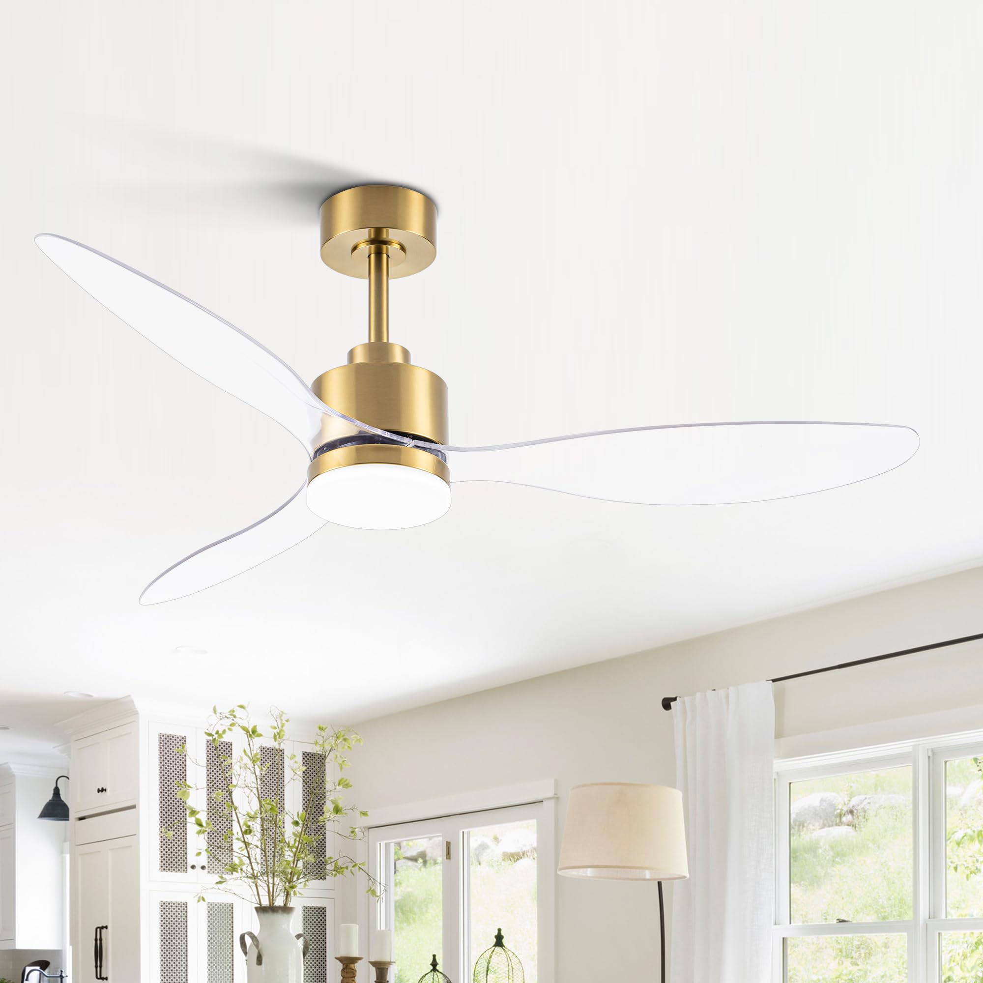 52 Inch Ceiling Fans with LED Light Remote Control, Modern Ceiling Fan with Reversible DC Motor, 3 Blades and 3 Color Temperature, LED Light Chandelier for Bedroom (Gold & 3 Transparent Blades)