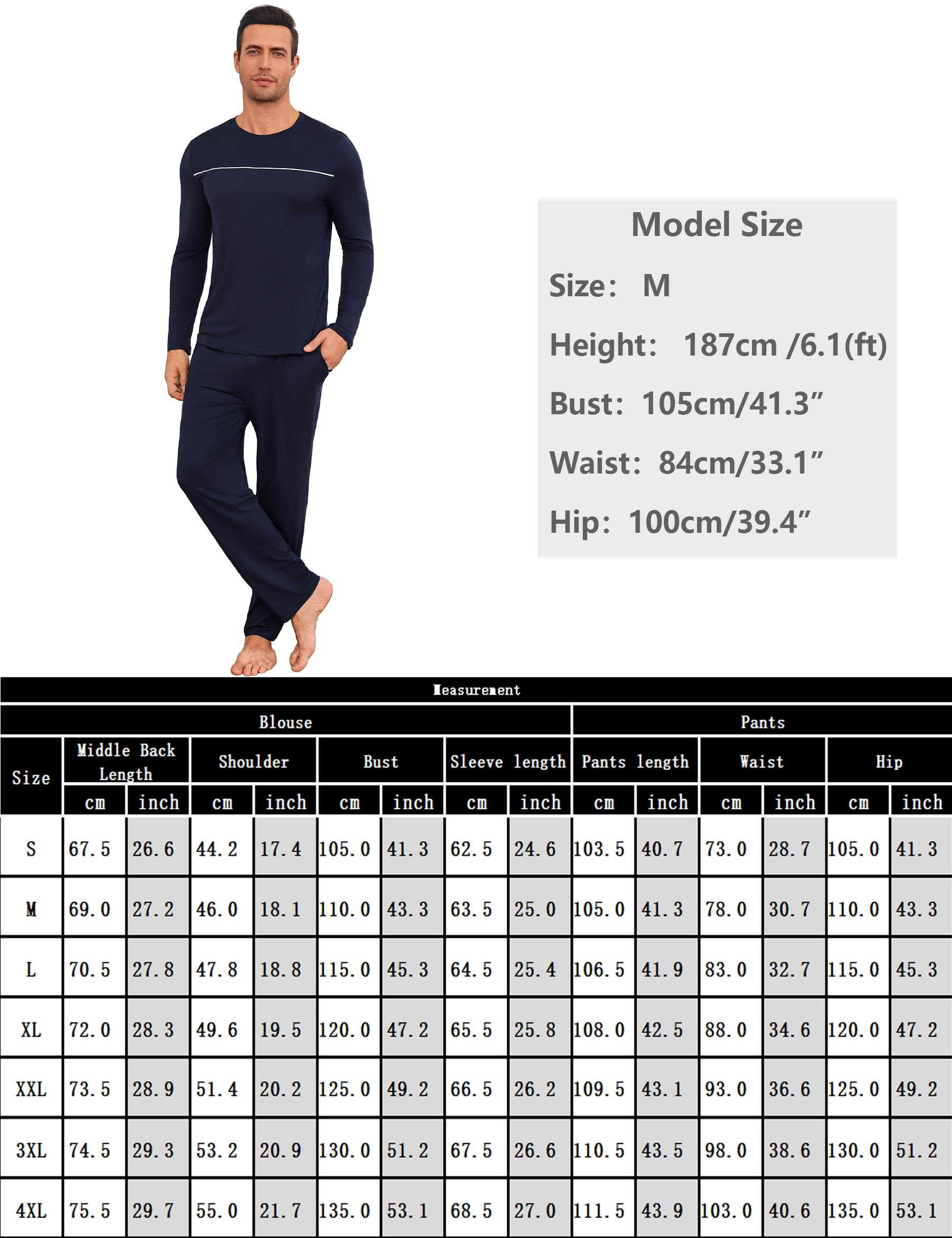 Marvmys Herren Schlafanzug Lang Winter Baumwolle Pyjama Set Rundhals Taschen Verstellbarer Bund Bequeme Nachtwäsche