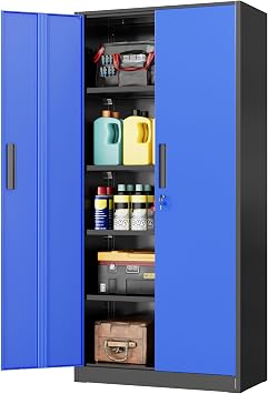 INTERGREAT Storage Cabinet with Doors and Shelves, Metal Garage Storage Cabinets with Lock, Black Lockable Steel Supply Cabinet for Home Office, Warehouse Black Blue