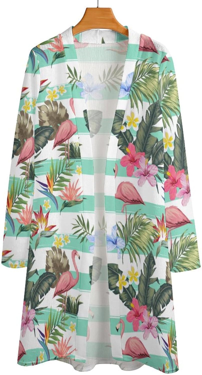 Tropical Hawaii Neon Palm Leaves Women's Medium Length Cardigan Thin Long Sleeve Cover Up Summer Open Front Tops