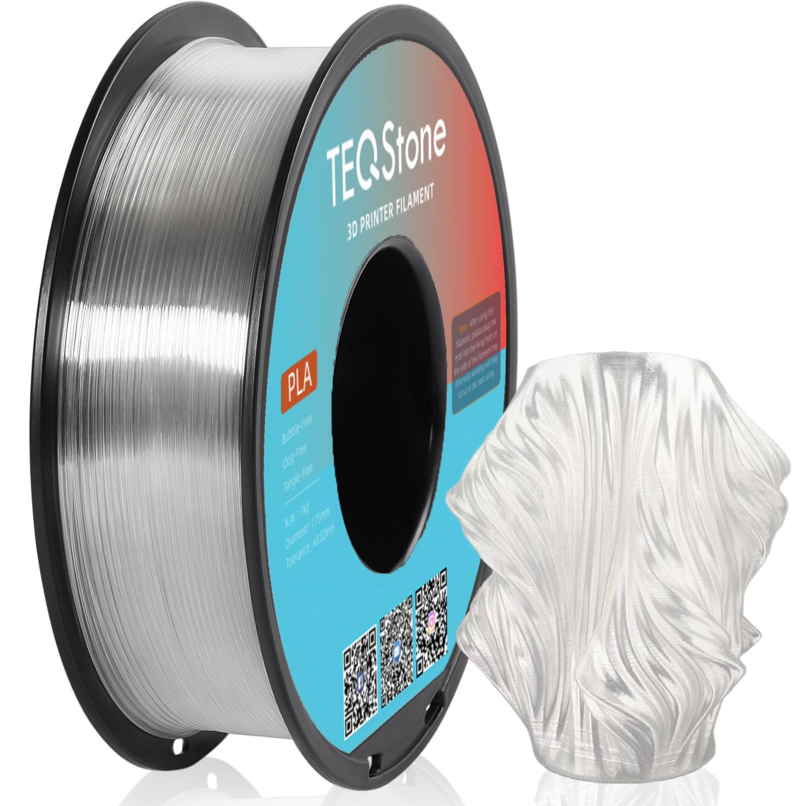 PLA Filament 1.75mm Clear 1KG Perfectly Wound Accuracy +/-0.02mm Transparent PLA Basic 3D Printer Filament