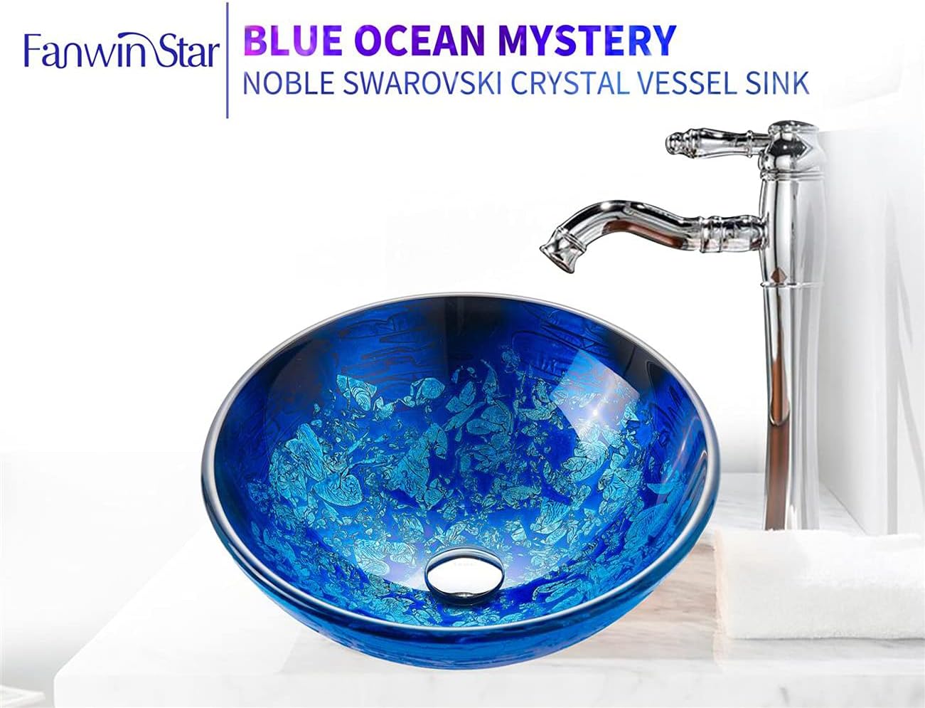 Blue OceanMystery Series Tempered Deco Glass Vessel Bathroom Sink in Starry Blue | Top Mount Sinks Above Countertop | Vanity Countertop Sink Bowl with Pop Up Drain |FW-LA604