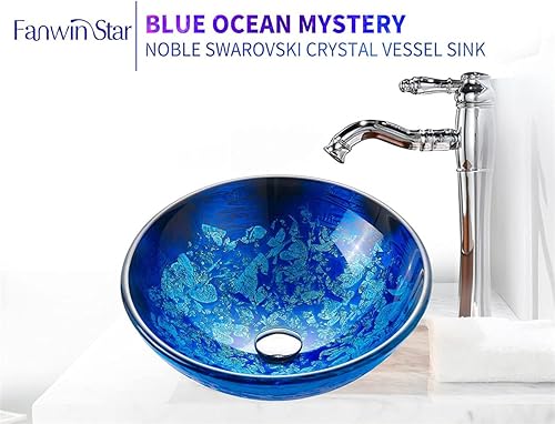 Miniatura 6 de Blue OceanMystery Series - Fregadero de baño de vidrio templado decorativo en azul estrellado | Fregaderos de montaje superior sobre encimera |