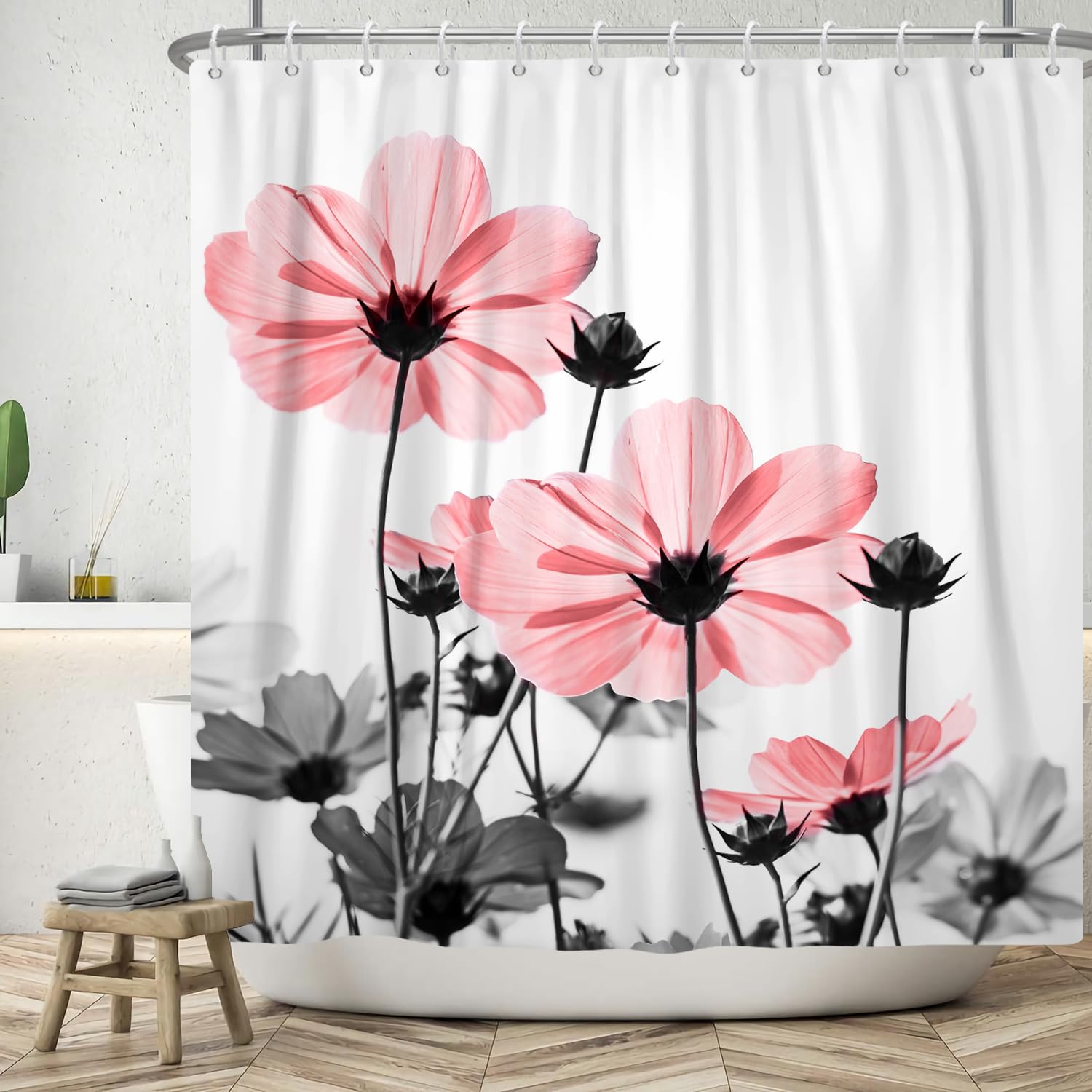 ZJRBJB Pink & Grey Daisy Floral Shower Curtain - Farmhouse Vintage Bathroom Decor, 72x84 Inches With 12 Hooks - View #7