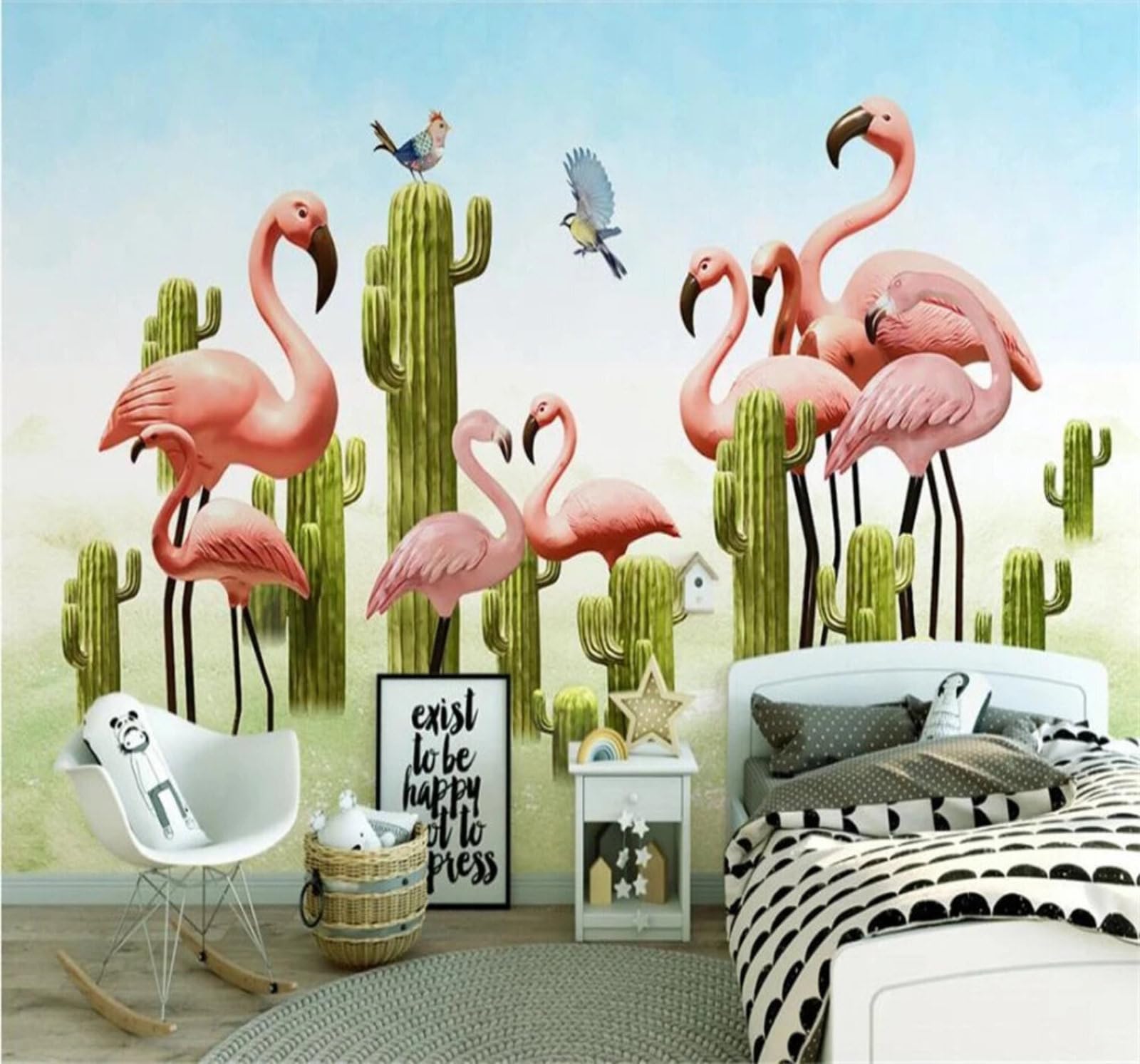 Xlming 400Cm×280Cm(B×H) Minimalist Fresh Green Cactus Flamingo 3D Wallpaper Luxury Silk Study Dining Feature Sofa Grey Bedroom Living Room Tv Decorative Wall-400Cm×280Cm