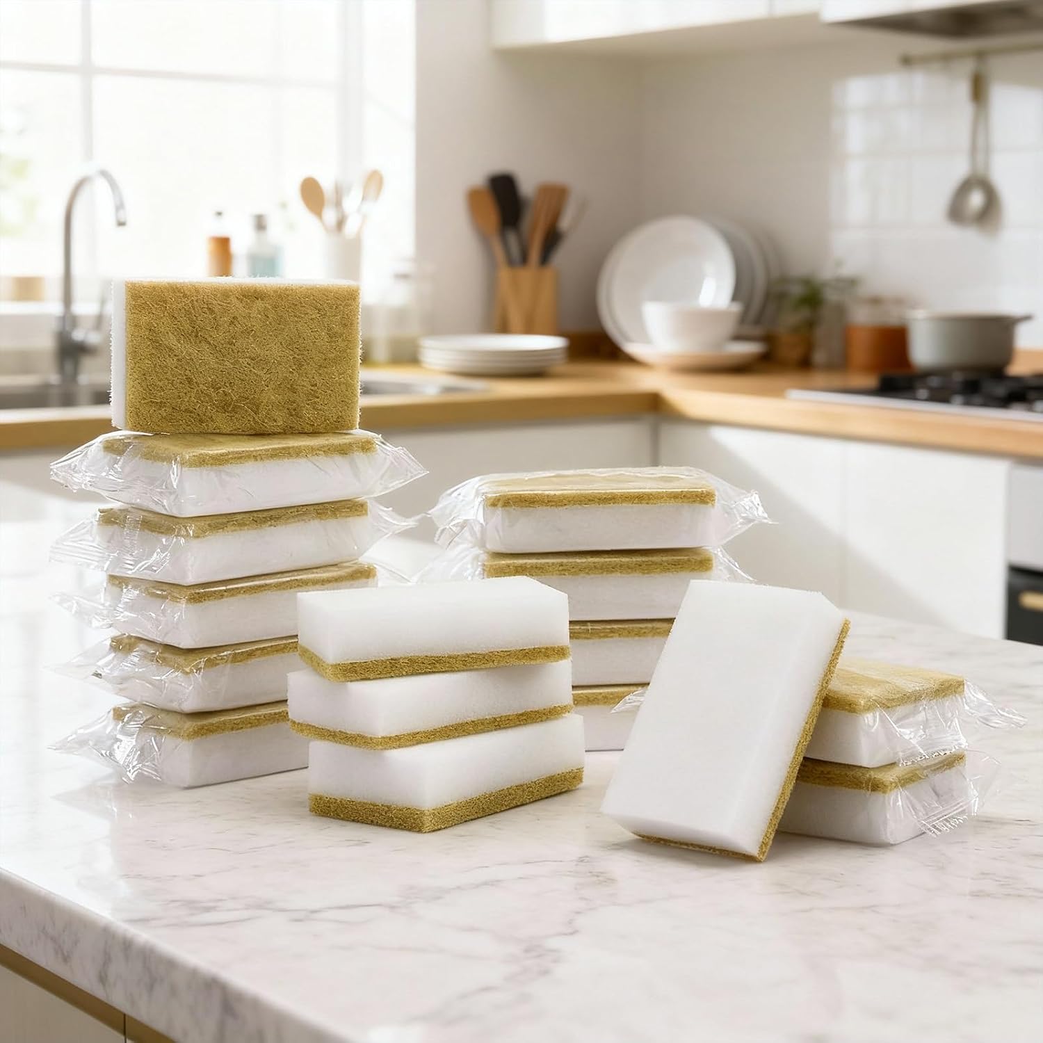 Tioncy 100 Pcs Individually Wrapped Sponges Kitchen Bulk Brown Dish Non Scratch Scrub Sponges Dual Sided Cleaning Dish Scrubber for Washing Dishes, Pots, Pans, Sinks, Stoves, Appliances, Car, Bike