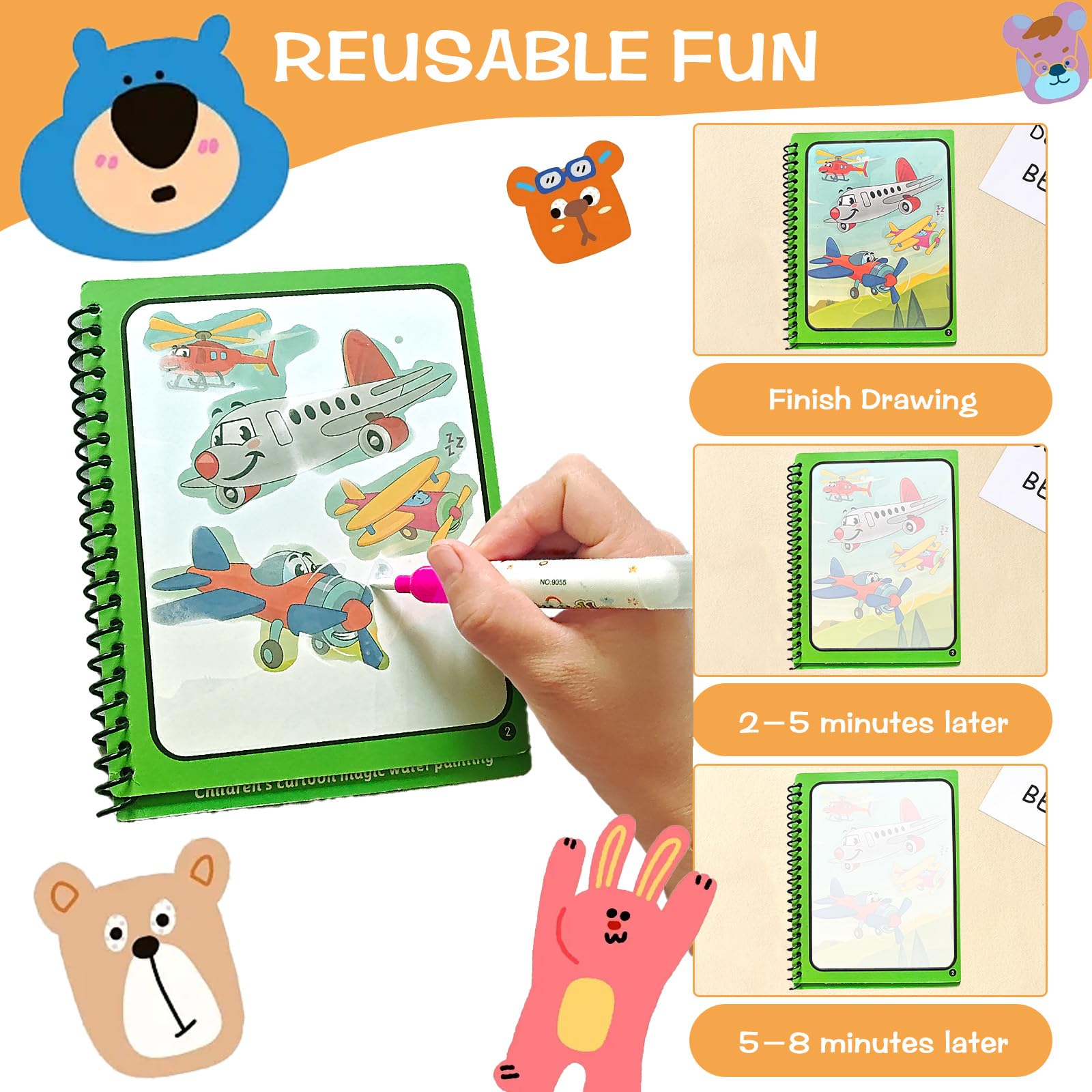 Ballery Livre De Dessin Magique De L'eau, 4 Pièces Livre Magique à L'Eau Avec Stylo Leau, Enfant Magic Water Book, Réutilisable, Jouets Peinture Pour Tout-Petits Garçons Filles Présents