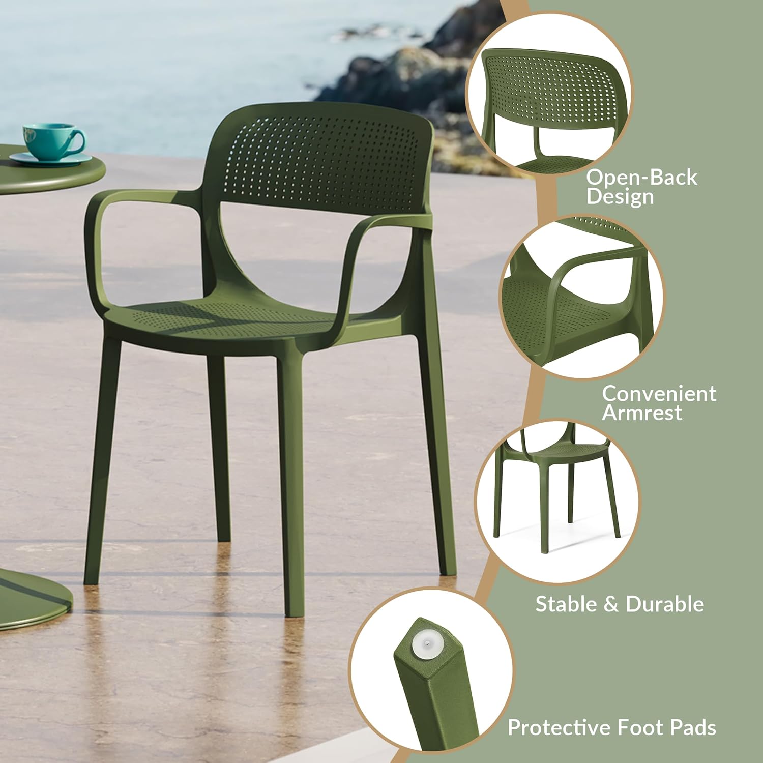 WestinTrends Playa Outdoor Stackable Plastic Resin Patio Dining Armchair (Set of 2), Olive Green
