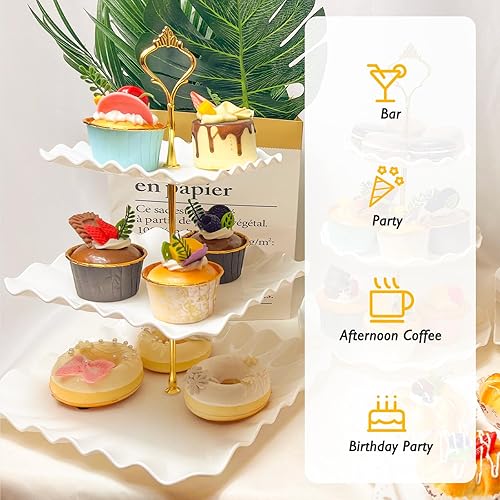 Miniatura 7 de Juego de 5 soportes para cupcakes, juego de mesa de postres con 2 soportes para cupcakes de 3 niveles + 3 bandejas de aperitivos perfectas (onda)