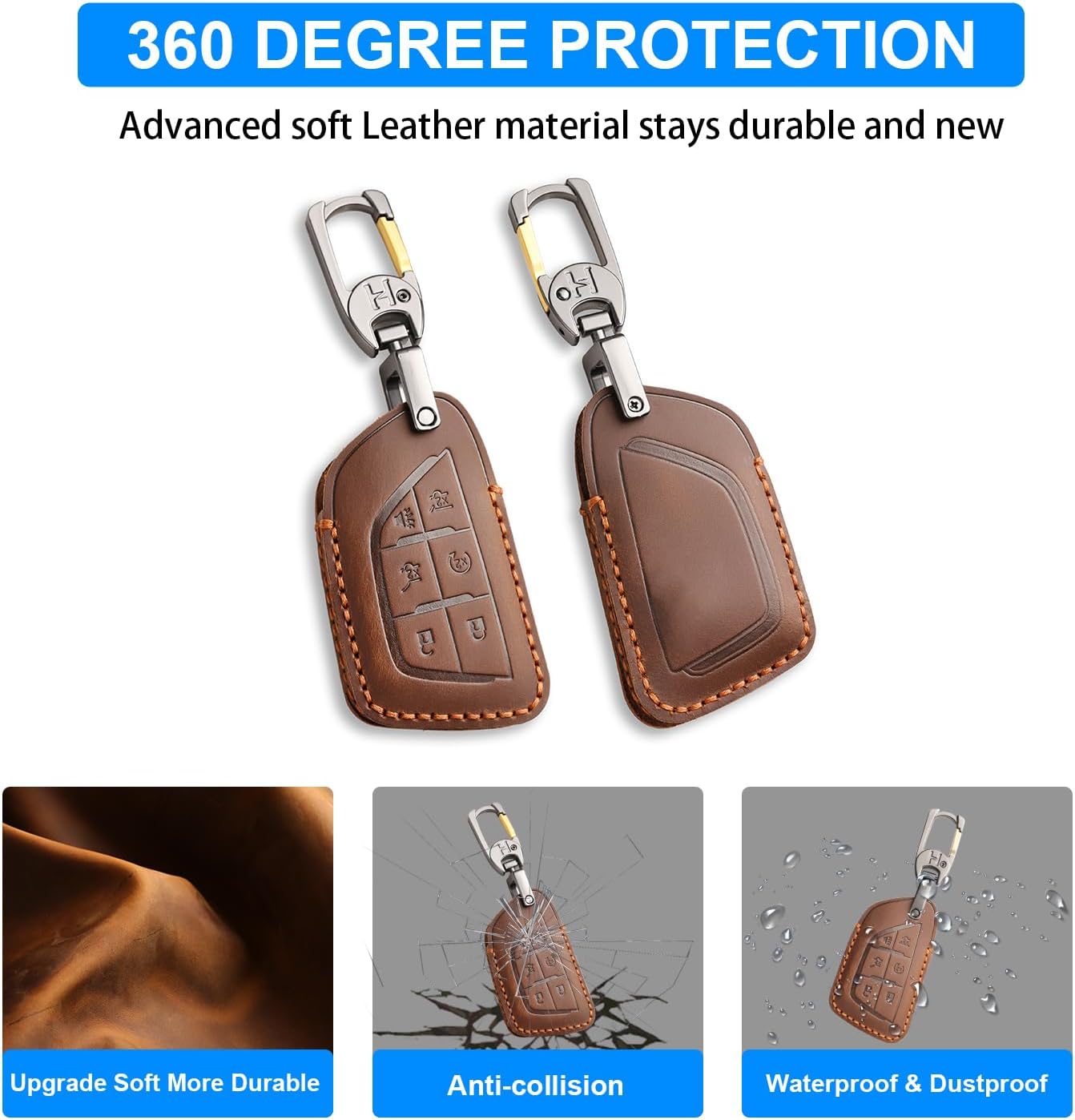 QBUC for Cadillac Premium Leather Key Fob Cover (Brown, 6-Button) image 5