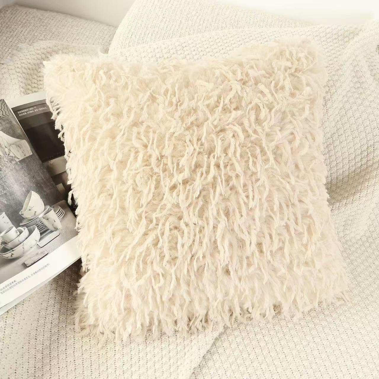 OYIMUA Faux Feather Throw Pillow Covers 20x20 Neutral Beige Set of 2 Fluffy Decorative Luxury Modern Pillow Covers for Couch Bed Living Room