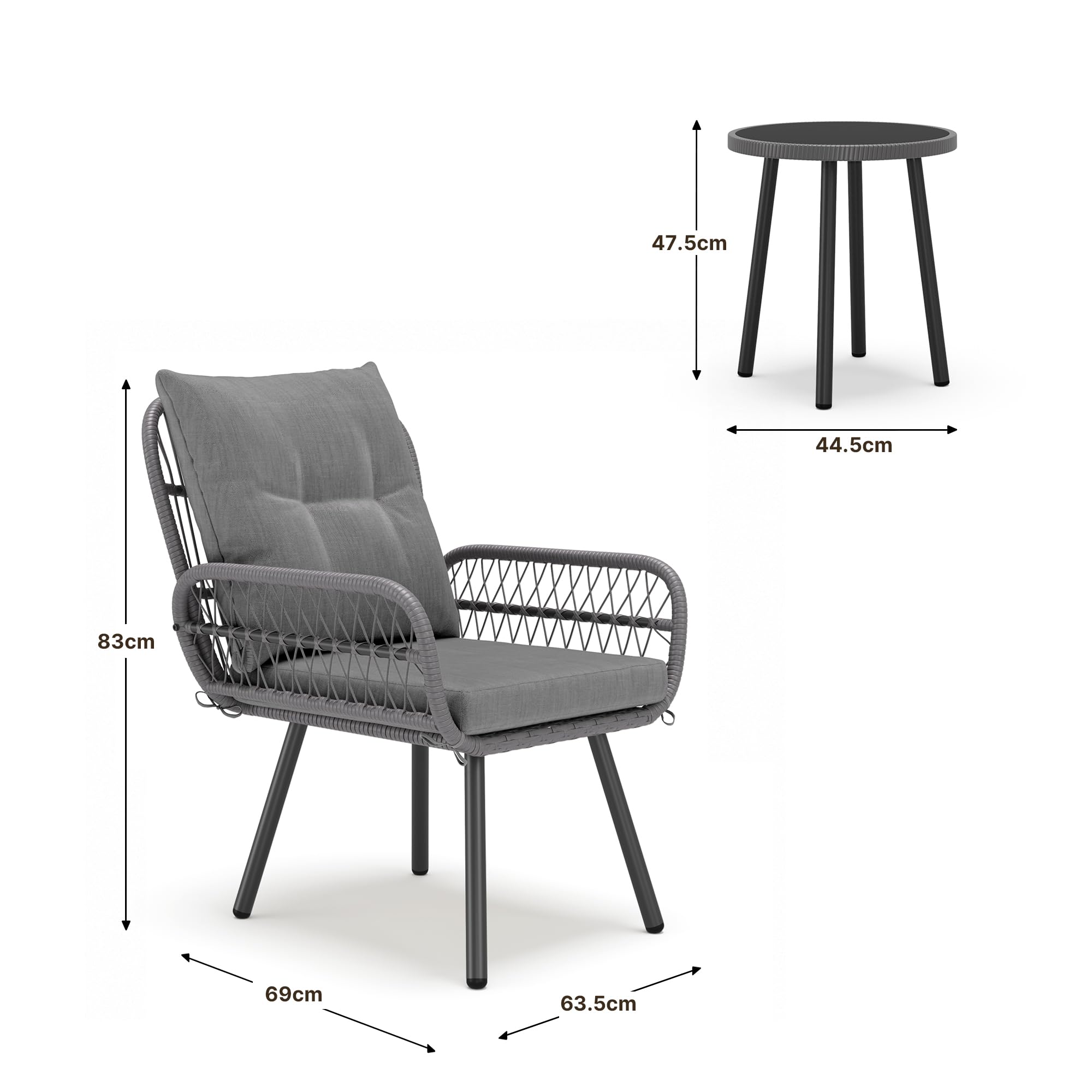 Conjunto de Mesa y Sillas Jardín de Ratán de 3 Piezas Gris