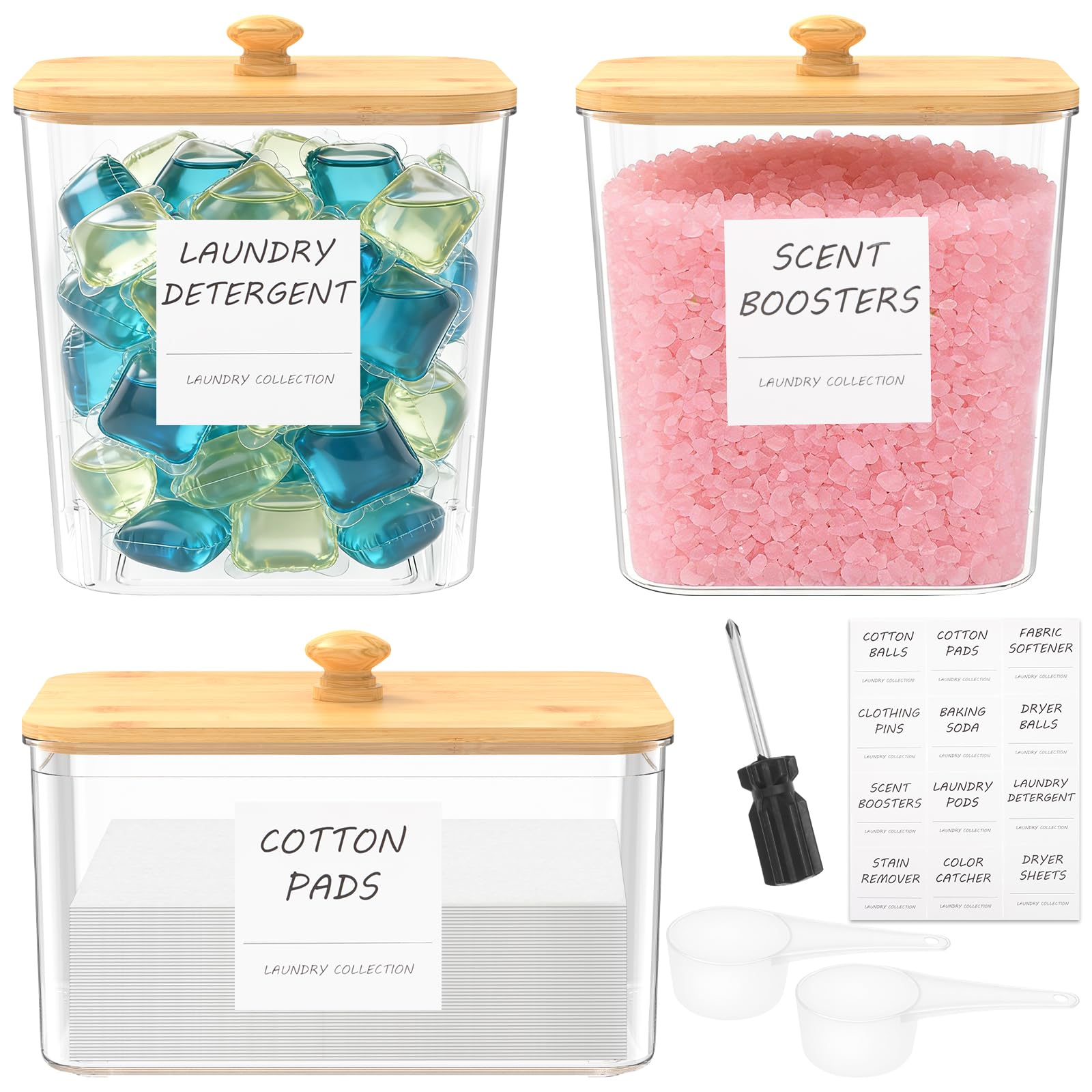 2+1 Pack Laundry Pod Container and Dryer Sheet Holder Set Clear Detergent Dispenser with Bamboo Lid and Spoon, Laundry Room Organization Containers for Washing Pods, Powder, Scent Booster(3pcs)