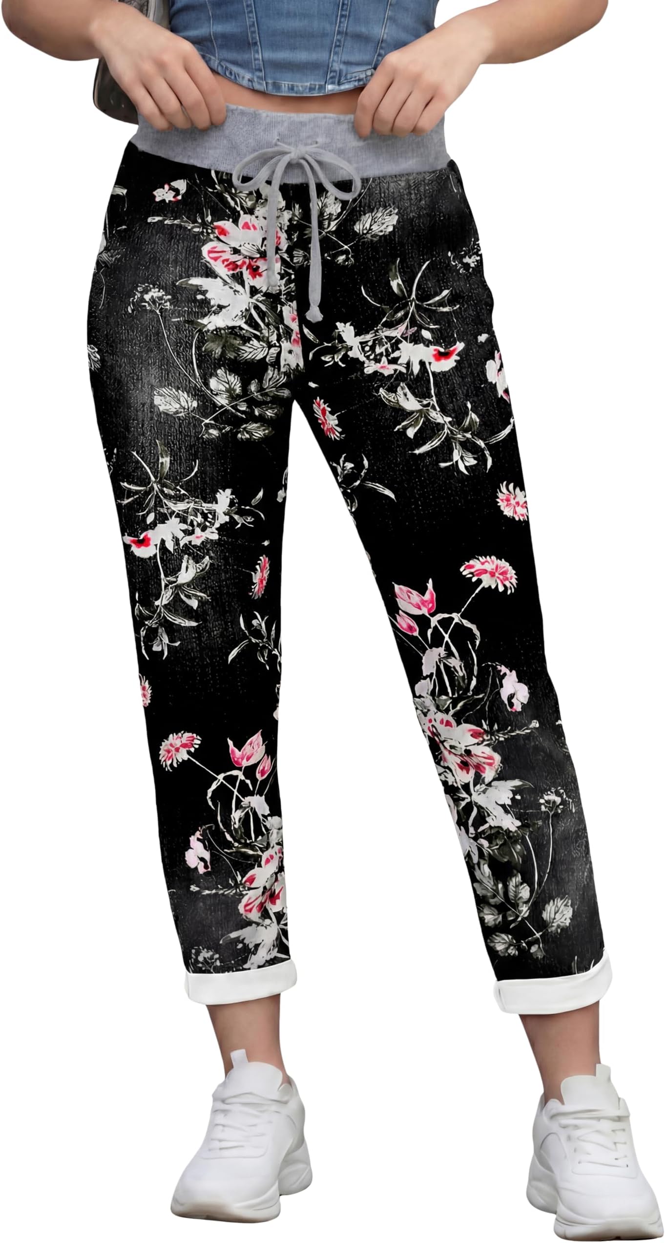 Trousers for Women UK Elasticated Waist Floral Denim Look Comfortable Italian Trousers, Casual Summer Yoga Pants for Women