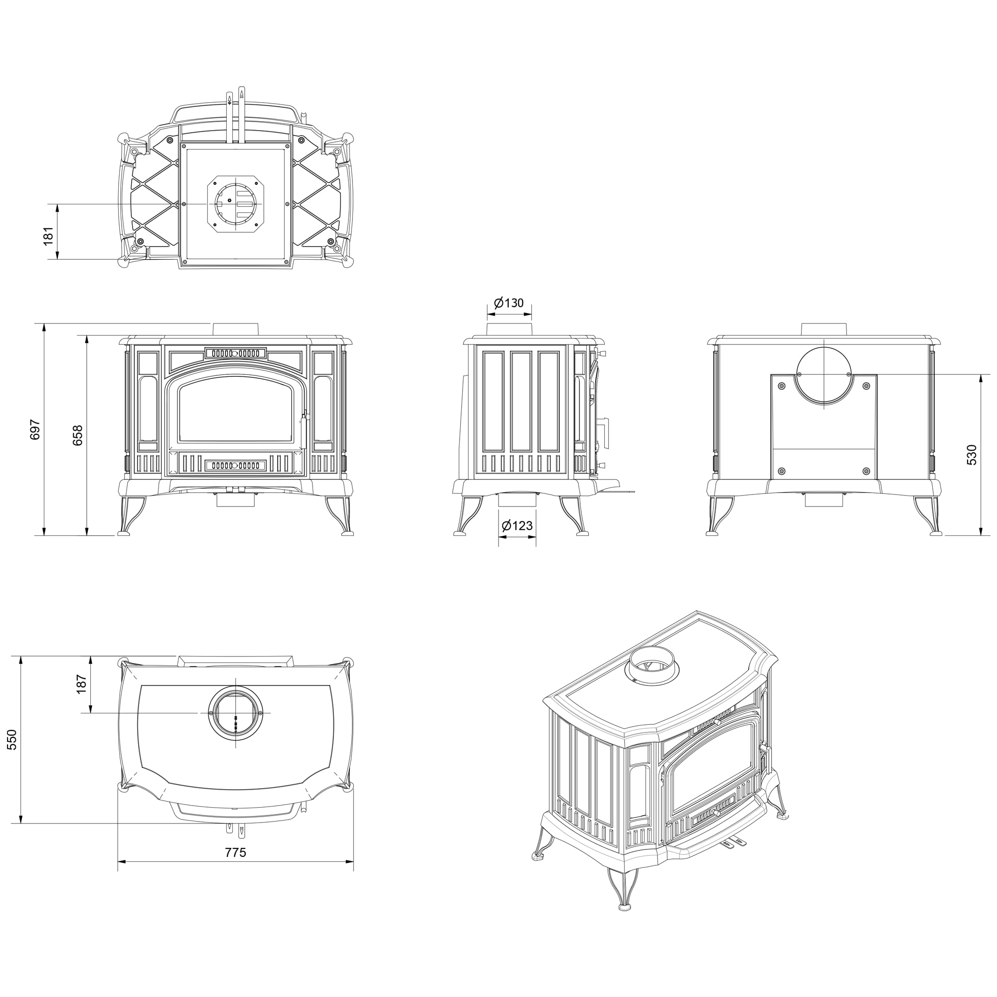 KRATKI Żeliwny piec kominkowy K9 ECO – 8 kW – Ø 130 – wolnostojący piec na drewno w stylu retro – spełnia wymogi Ekoprojekt & BImSchV 2