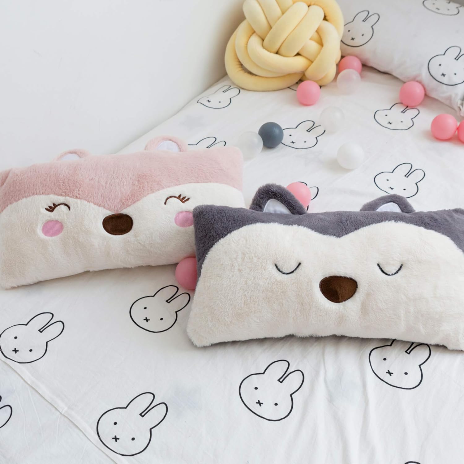 Snugtown Stuffed Animal Lumbar Pillow, Super Soft Plush Cuddle Throw Pillow for Kids, Cute Fox Shaped Pillow, 12 x 24 Inches, Pink, Ivory