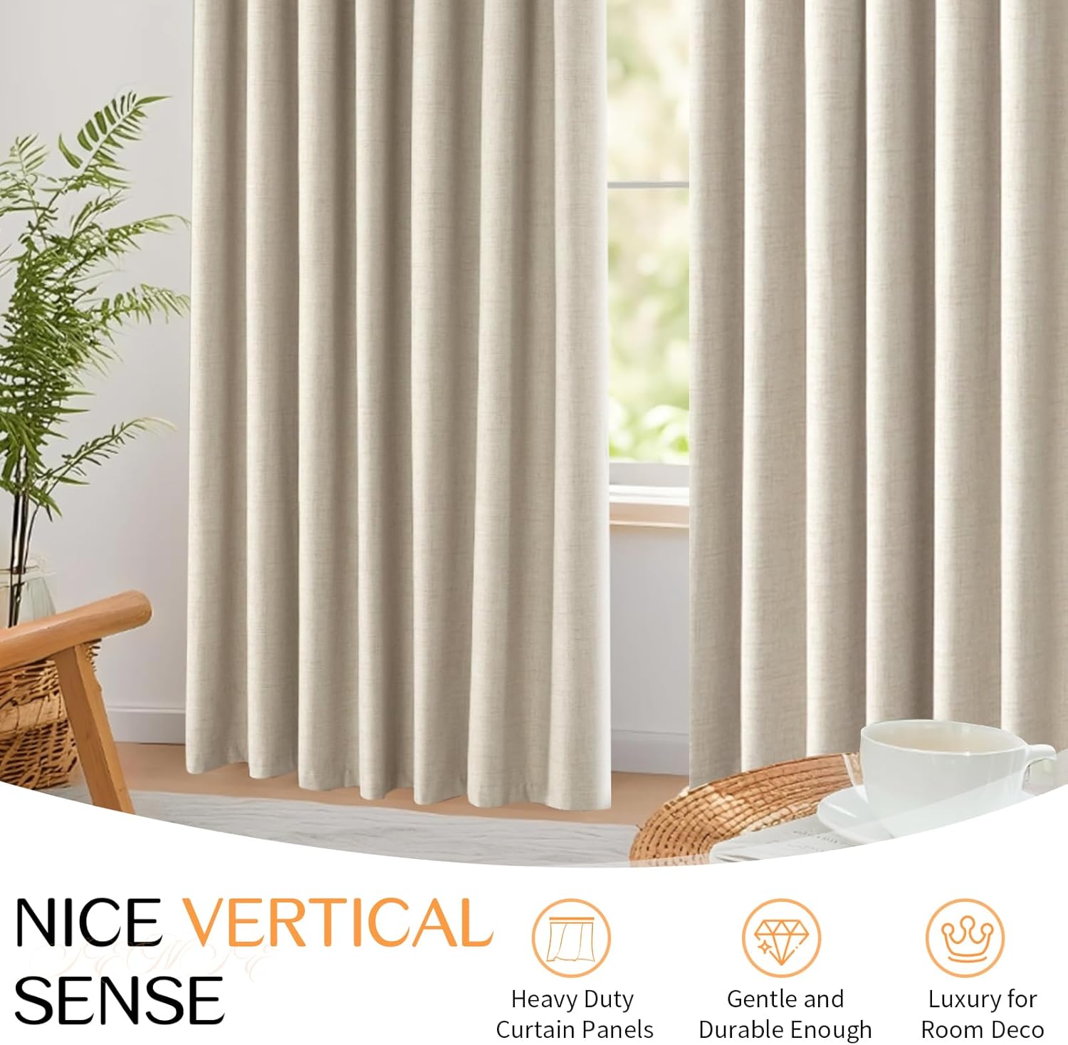 Dreaming Casa 100% Blackout Curtains Premium Thermal Insulated Linen Window Treatment Curtain with Grommet, 2 Panles, Natural, 52" W x 96" L