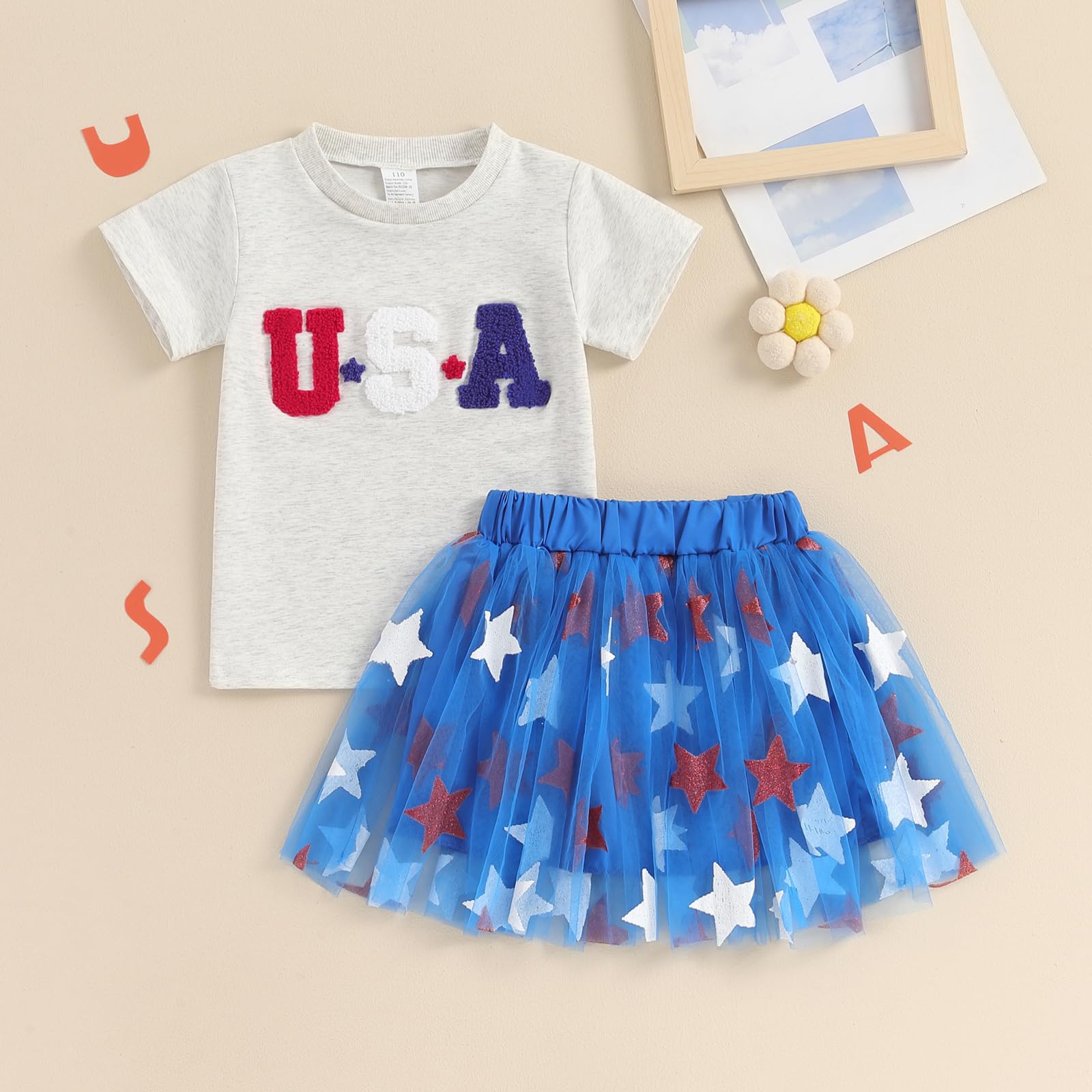 4th Of July Toddler Baby Girl Outfit USA Short Sleeve T-Shirt Star Tulle Tutu Skirt Dress Fourth Of July Clothes (usa-Blue,5-6T)