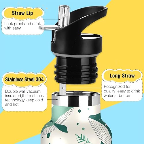 Miniatura 3 de Emerald Green Playful Whale Leak Proof & BPA Free Insulated Water Bottle with Straw Lid Vacuum Insulated for Water, Milk, Juice, School, Camp, Sport
