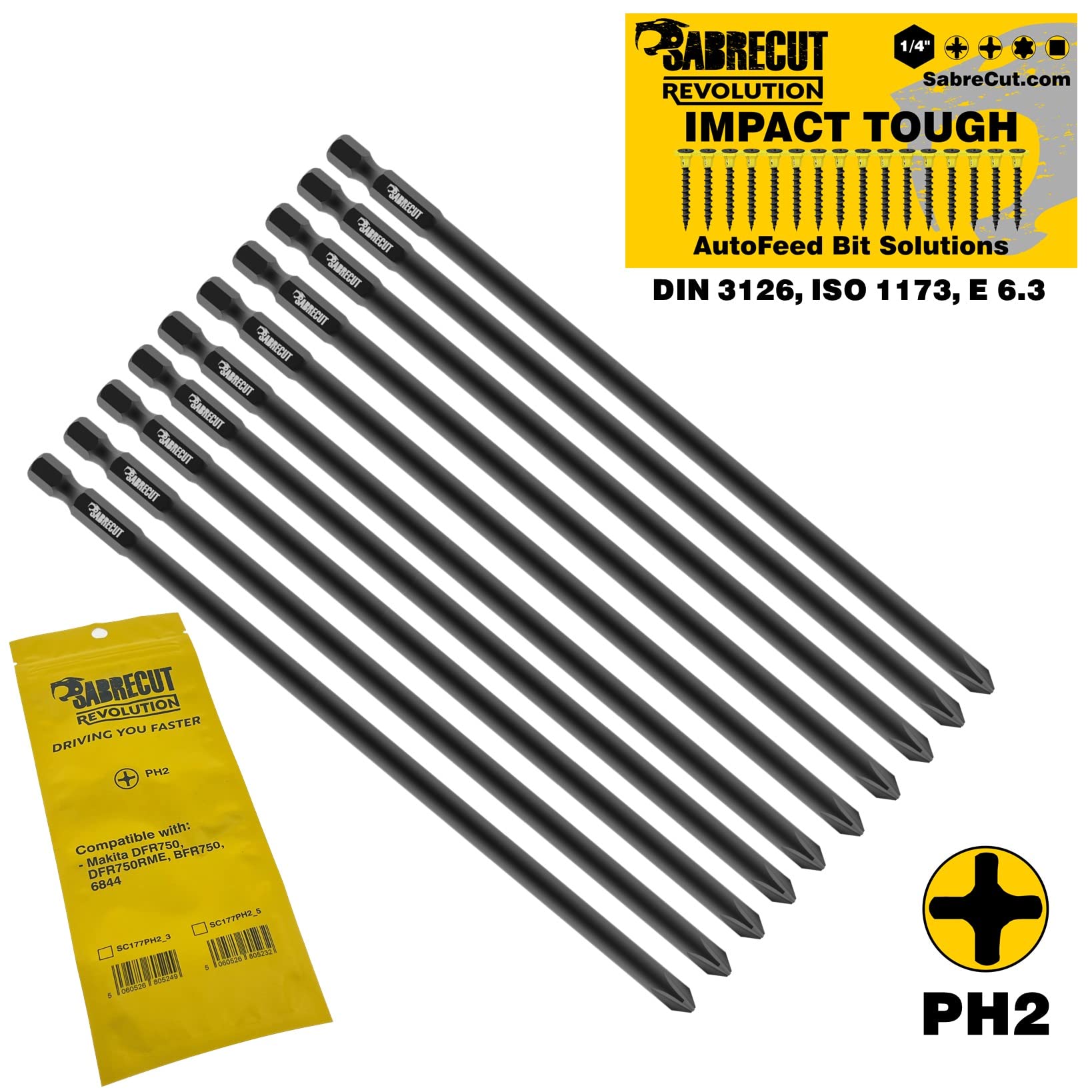 SabreCut 10pcs SC177PH2_10 177mm PH2 Embouts autofeed placo