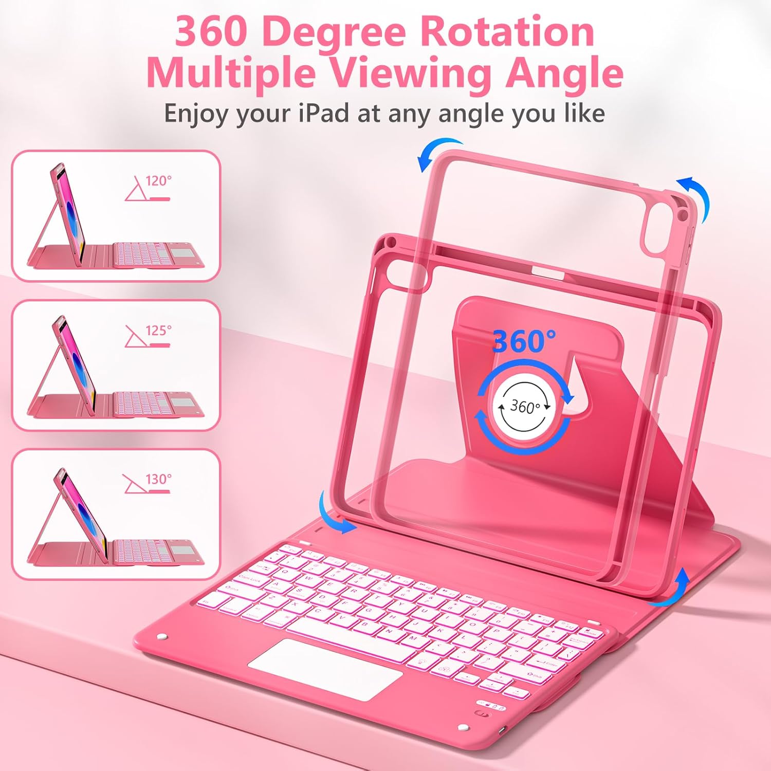 Touchpad for iPad A16 11th/10th Generation Case with Keyboard, 7 Color Backlit 360 Rotation Cover with Pencil Holder,Detachable Keyboard for iPad 11 inch 2025/10th Gen 10.9'' 2022 (Watermelon Red) - Image 4