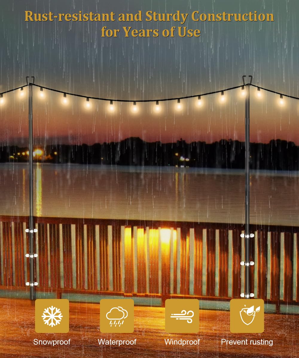 Guirlande lumineuse de 3 m pour décoration extérieure, poteau lumineux robuste avec supports de clôture, poteaux métalliques réglables pour terrasse, jardin, fête, mariage