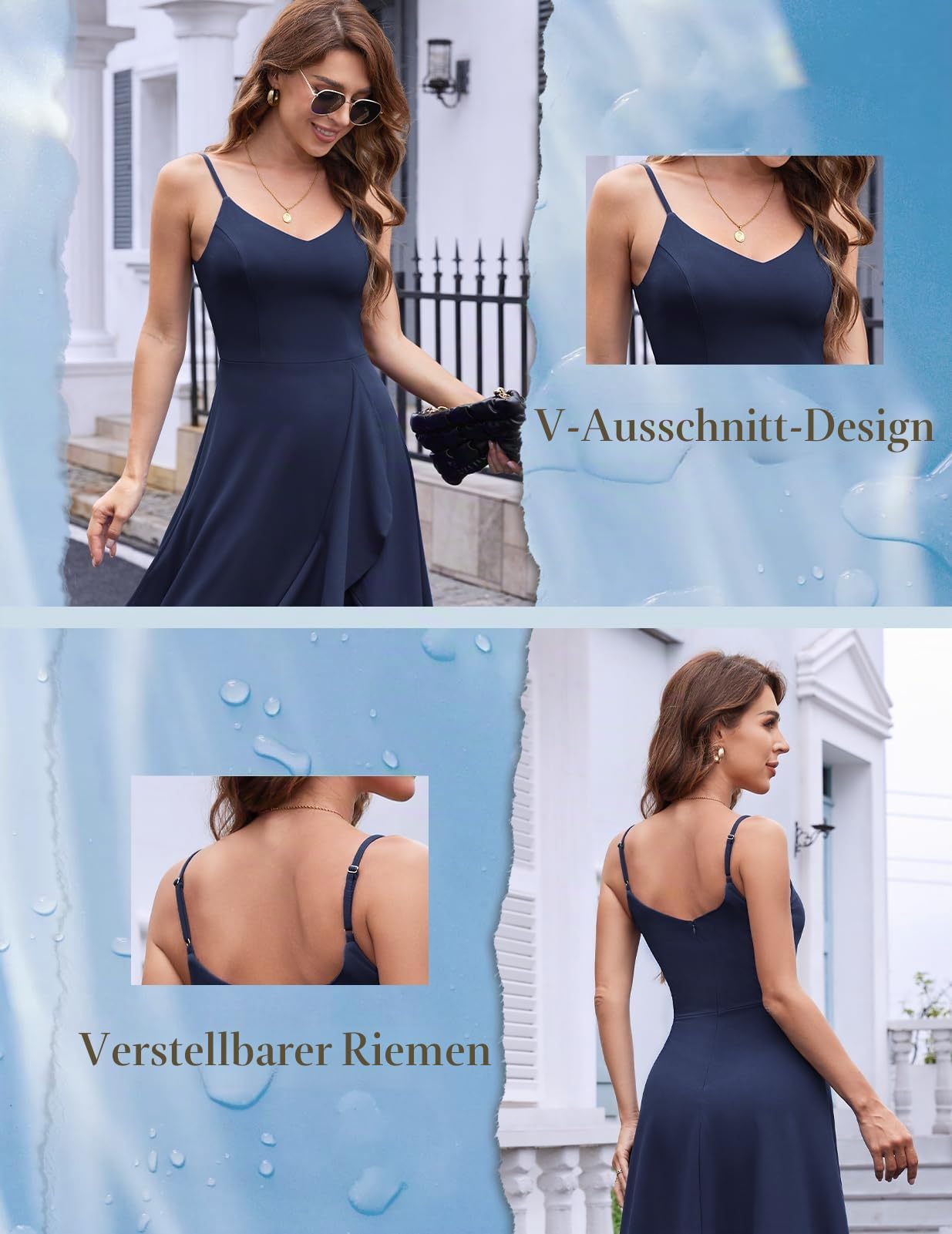DRESSTELLS Cocktailkleid Damen Festlich Träger Hochtief Kleid für Hochzeit Knielang Weihnachtsfeier Kleider Elegantes Partykleid