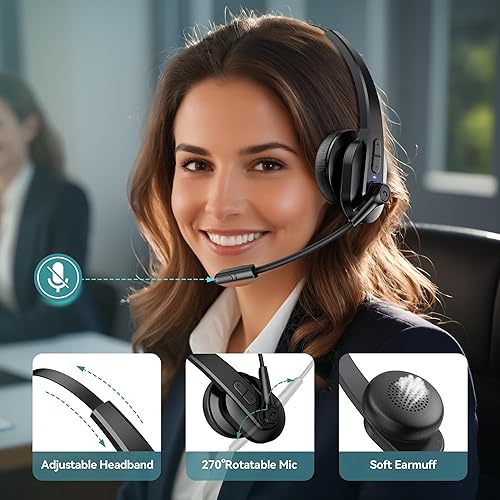 Miniatura 7 de Auriculares Bluetooth con dongle USB para computadora, auriculares inalámbricos de una sola oreja con micrófono de cancelación de ruido para oficina