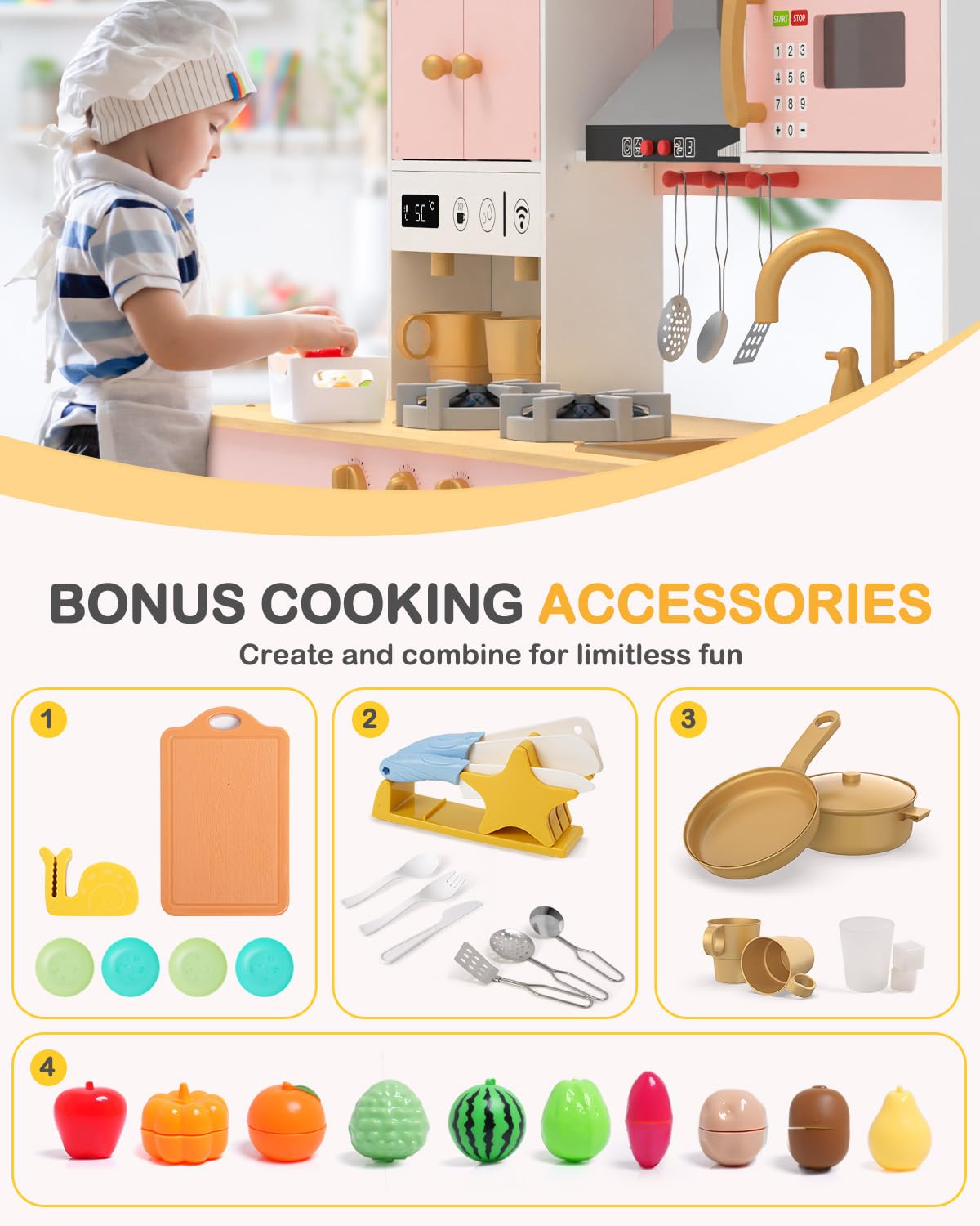 Babytronic Wooden Play Kitchen Set, Pretend Play Kitchen with Lights and Sounds for Kids Ages 3+, Includes Stove, Oven, Microwave, Coffee Maker, and Accessories, Toy Kitchen Set for Toddlers (Pink)