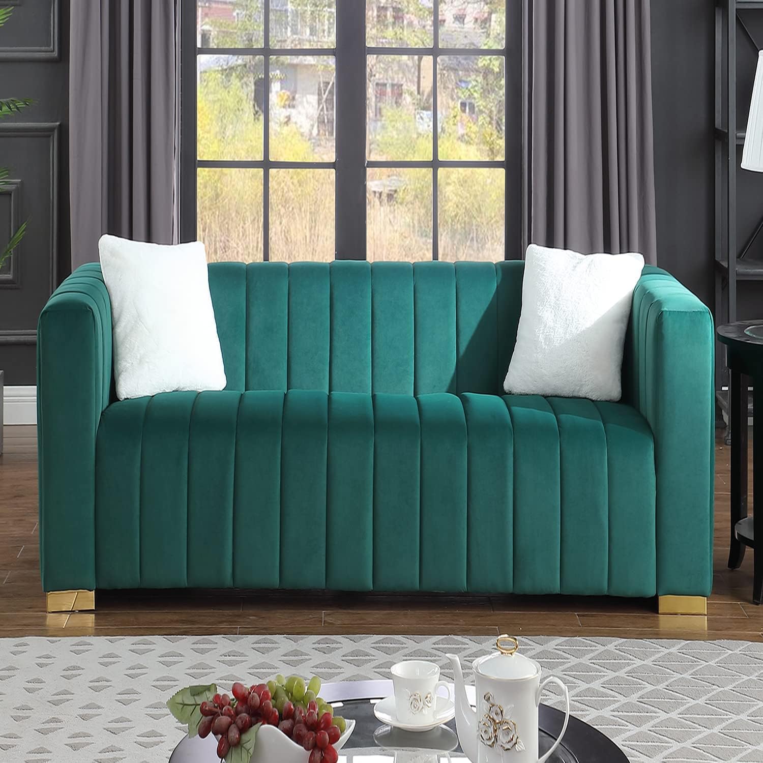 KEVINSPACE 62.6" Loveseat Sofa Velvet Upholstered 2 Seater Sofa, Lounge Couch Modern Mid-Century with 2 Pillows Cushions for Living Room Home Furniture, Small Spaces, Bedroom, Apartment Green