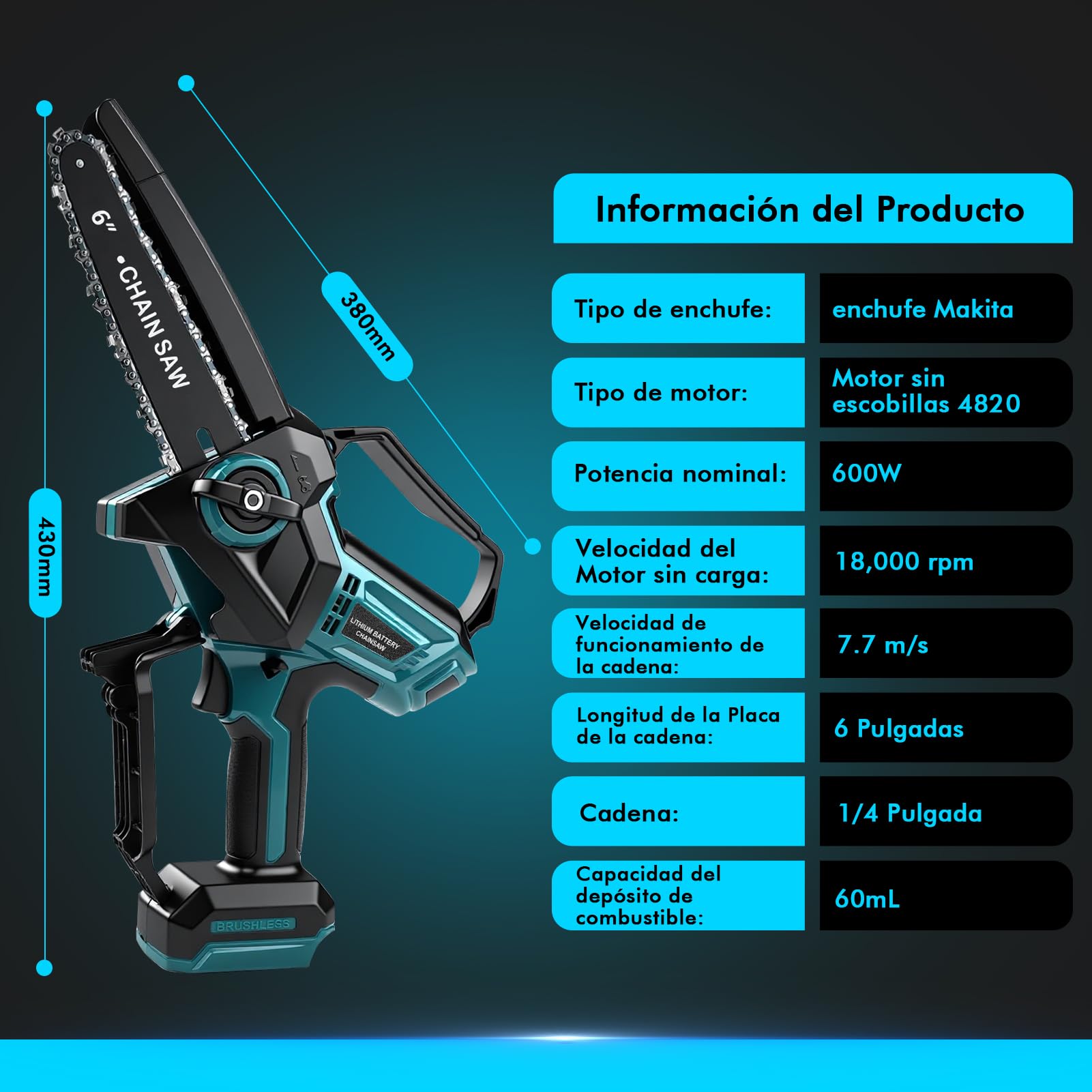 Motosierra Inalámbrica de 6inch-Makita18V Interfaz(Sin Batería) | Juego de Sierra Eléctrica Con Motor Sin Escobillas 600W Con 2 Cadenas de Sierra, fits Bl1820B, Bl1830B