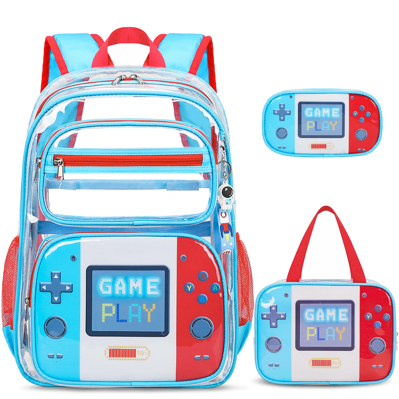 ACESAK Clear Backpack for Boys - 3 Pcs Game Clear Backpack Heavy Duty with Lunch Bag - See Through Bookbag Stadium Approved for Kids Middle High