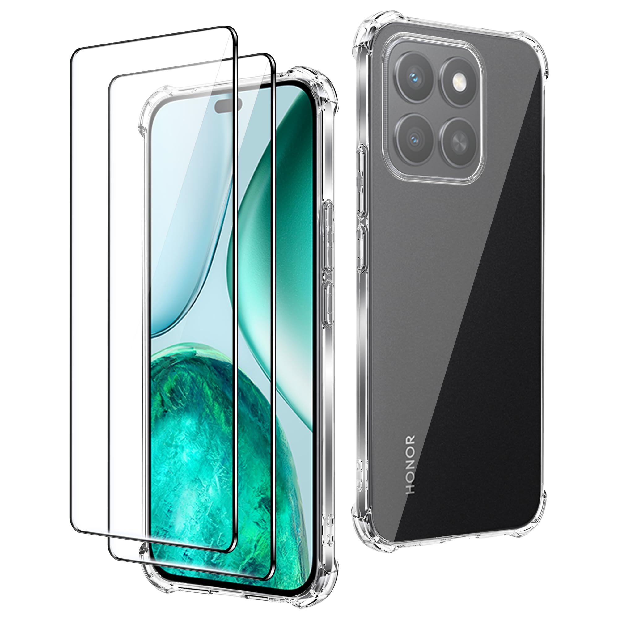 CAUHENYEE Transparent Case for Honor X8C Cover, with 2 Pieces Tempered Glass Screen, Thin and Soft Transparent TPU Cover, Anti-Scratch, Shockproof