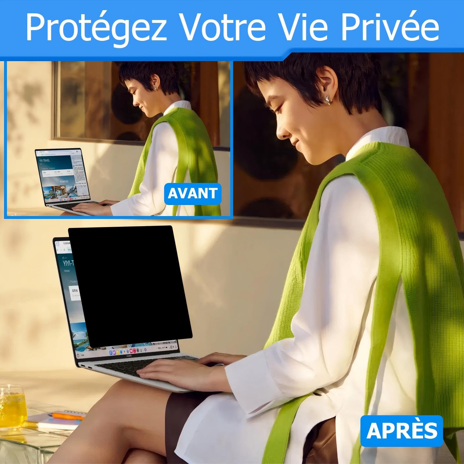 Filtre de Confidentialité 14 Pouces 16:10 Amovible Anti-Lumière Bleue Anti-éblouissement pour Ordinateur Portable