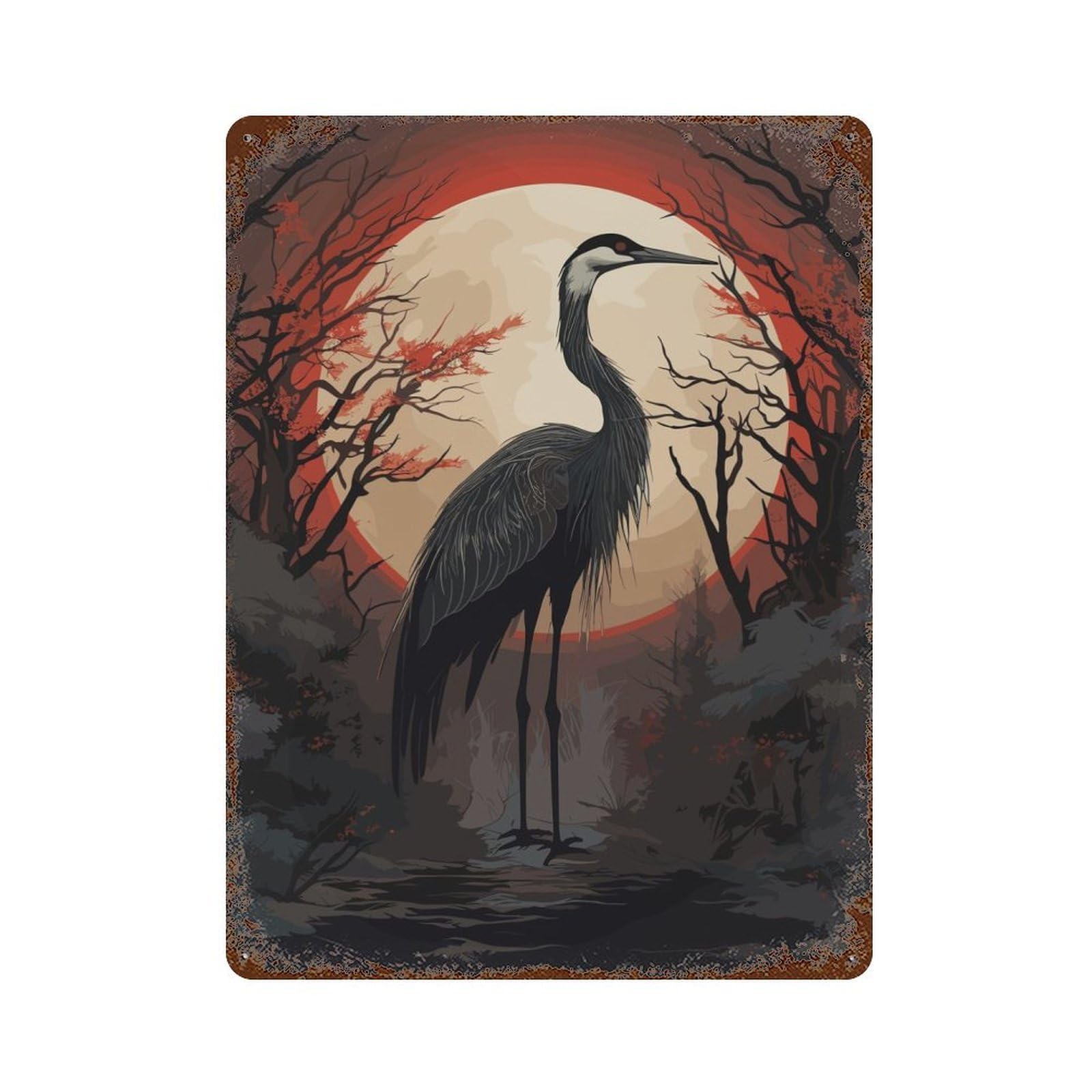 Red Moon And Black Stork Rustic Tin Plaque 15.7"x11.8", Ideal for Shed, Workshop And Garage Wall Decor