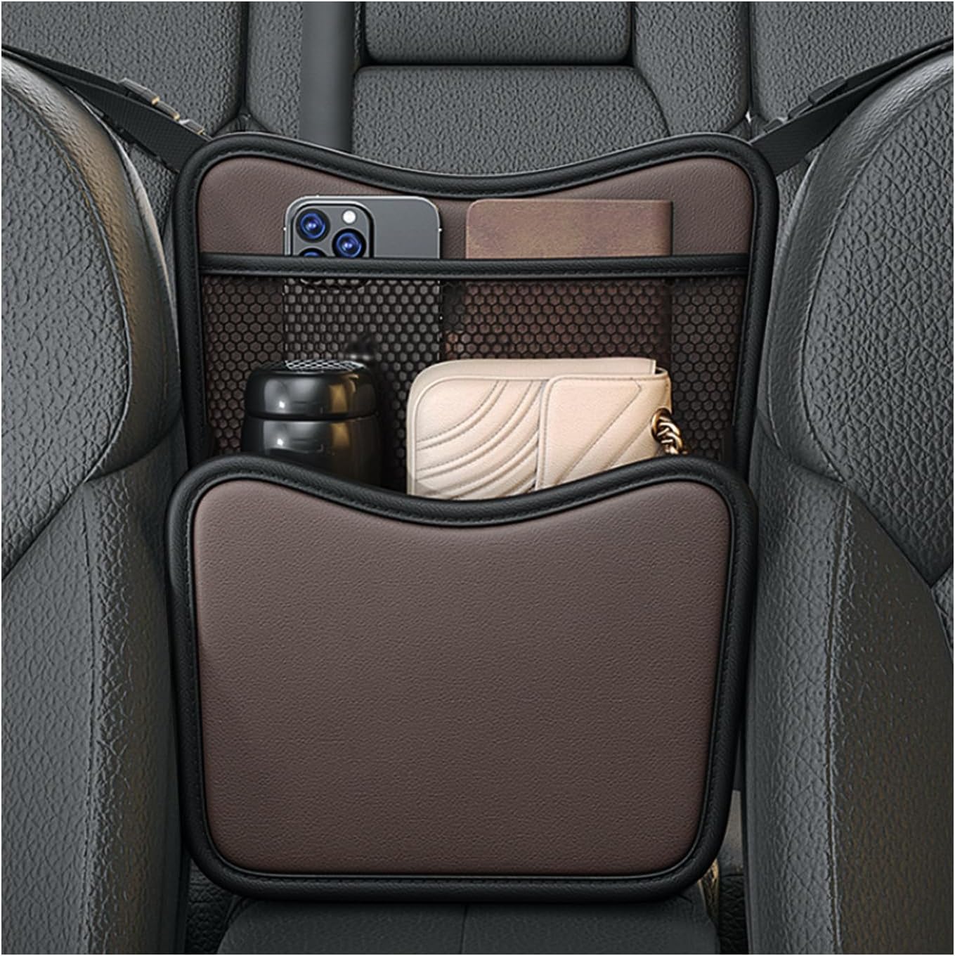 Ohleats Car Organizer Storage Between Seats, Nappa Leather Auto Handbag Holder for Document Phone Storage, Large Capacity Automotive Console Pocket Purse, Car Accessories (Gray)