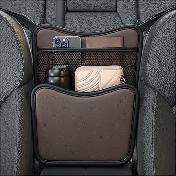 Ohleats Car Organizer Storage Between Seats, Nappa Leather Auto Handbag Holder for Document Phone Storage, Large Capacity Automotive Console Pocket Purse, Car Accessories Brown