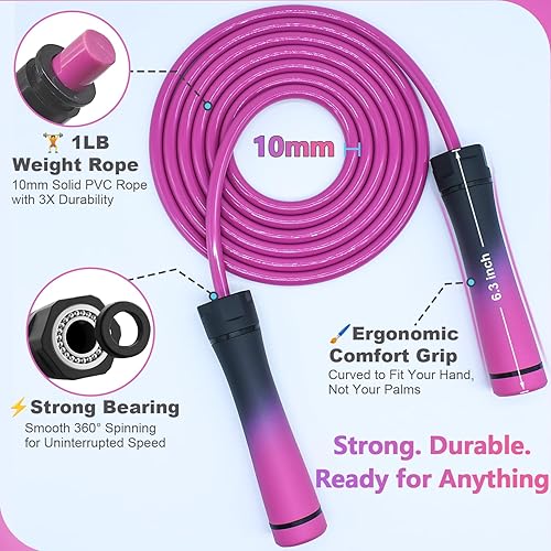 Miniatura 3 de Weighted Jump Rope, 1LB Tangle-Free Ball Bearing Rapid Speed Skipping Rope for Men Women, Adjustable 9mm Cotton & PVC Rope with Alum Handle for
