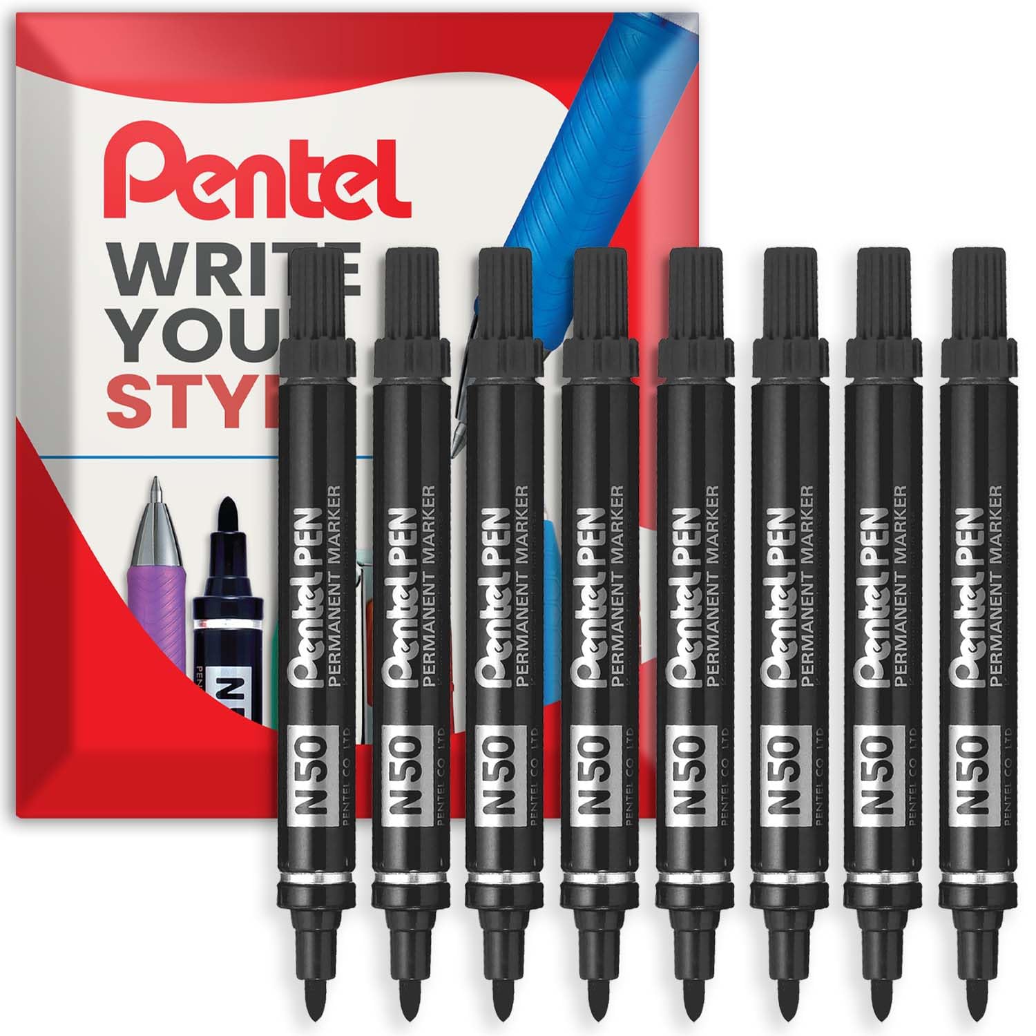 Pentel N50 Fine Permanent Marker Pen - 4.3mm Bullet Tip - Multi Surface Use - Cardboard, Metal, Wood, Plastic & Glass Marker Pens - In Envelope Gift Packaging - Black Ink (Pack of 8)