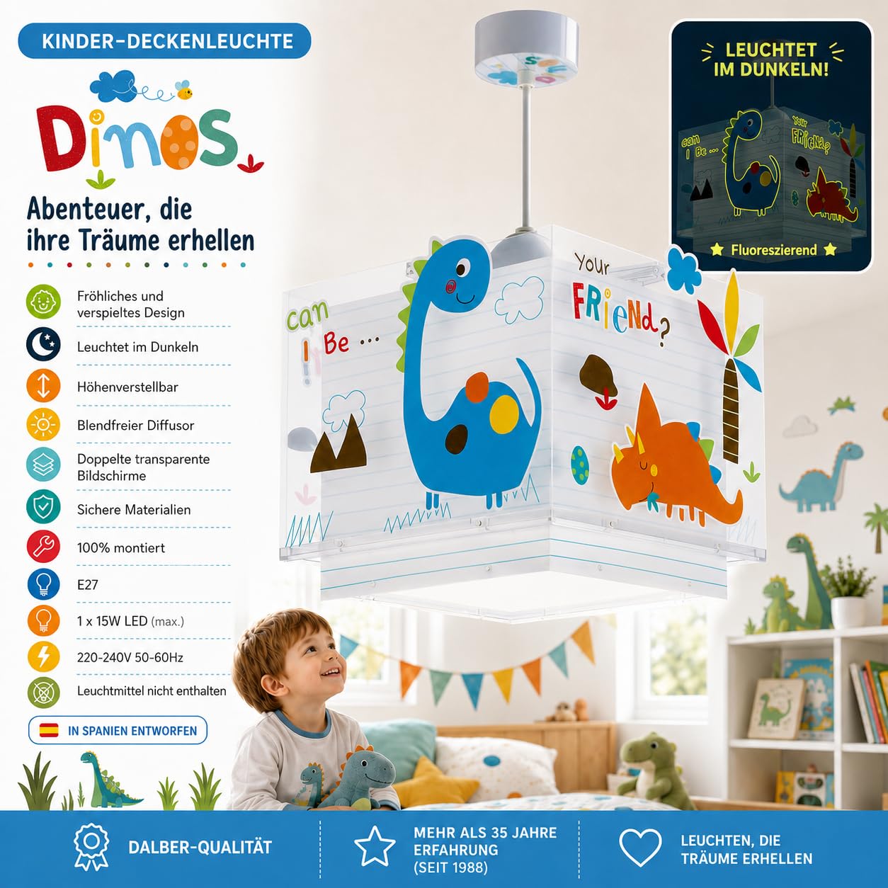 Dalber Lampe kinderzimmer, kinderlampe Pendelleuchte Hängelampe, Deckenleuchte Kinder, Deckenlampe kinderzimmer, Dinosaurier Dinos, 73452M, E27, Rosa