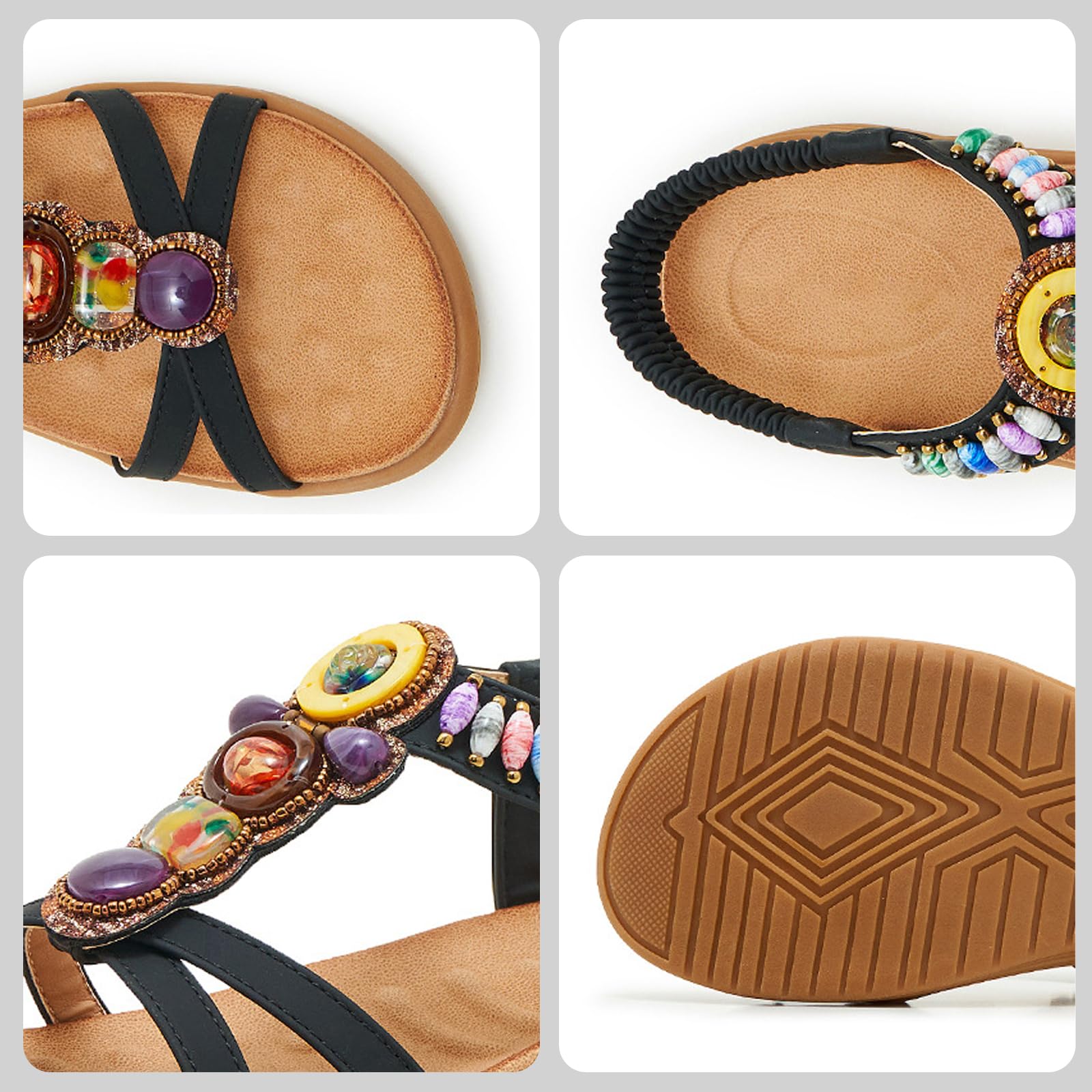 Sandali boho donna slip on zeppa punta aperta estate | outfit spiaggia vacanze, scene mare, cinturini decorativi con perline, stile estivo casual