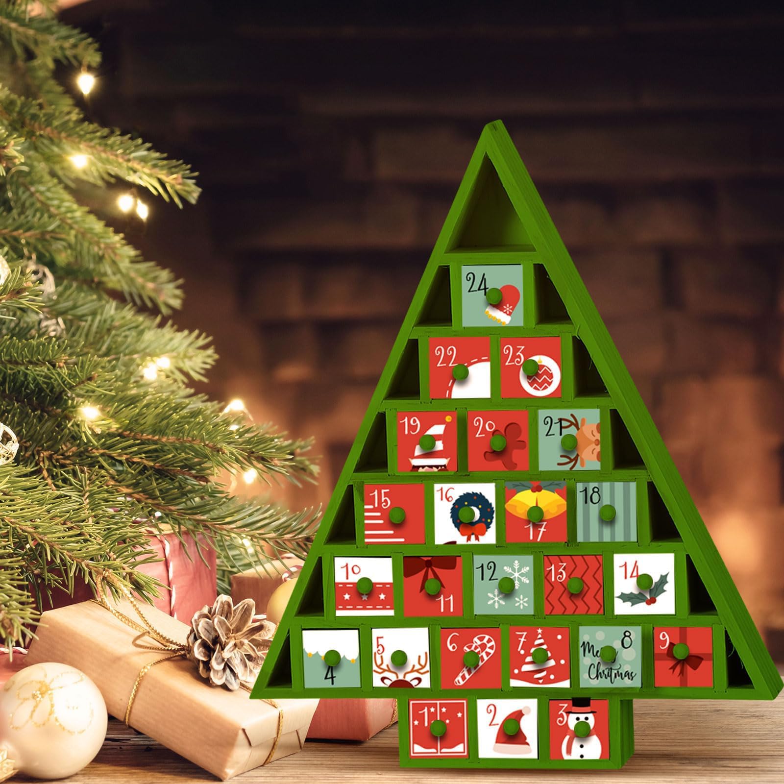 Geetery 1 juego de calendario de Adviento de madera 2025, calendario de cuenta regresiva de 24 días para Navidad con 24 cajones extraíbles, calendario de cuenta regresiva en forma de árbol de Navidad