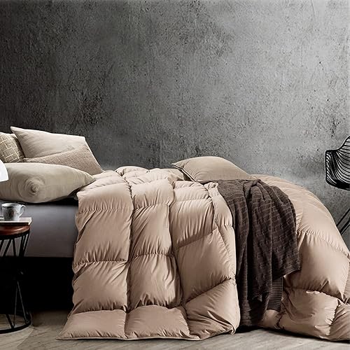 Edredón de plumas para todas las estaciones, cálido medio, esponjoso, edredón de tela de algodón con pestañas en las esquinas, tamaño Queen (caqui,