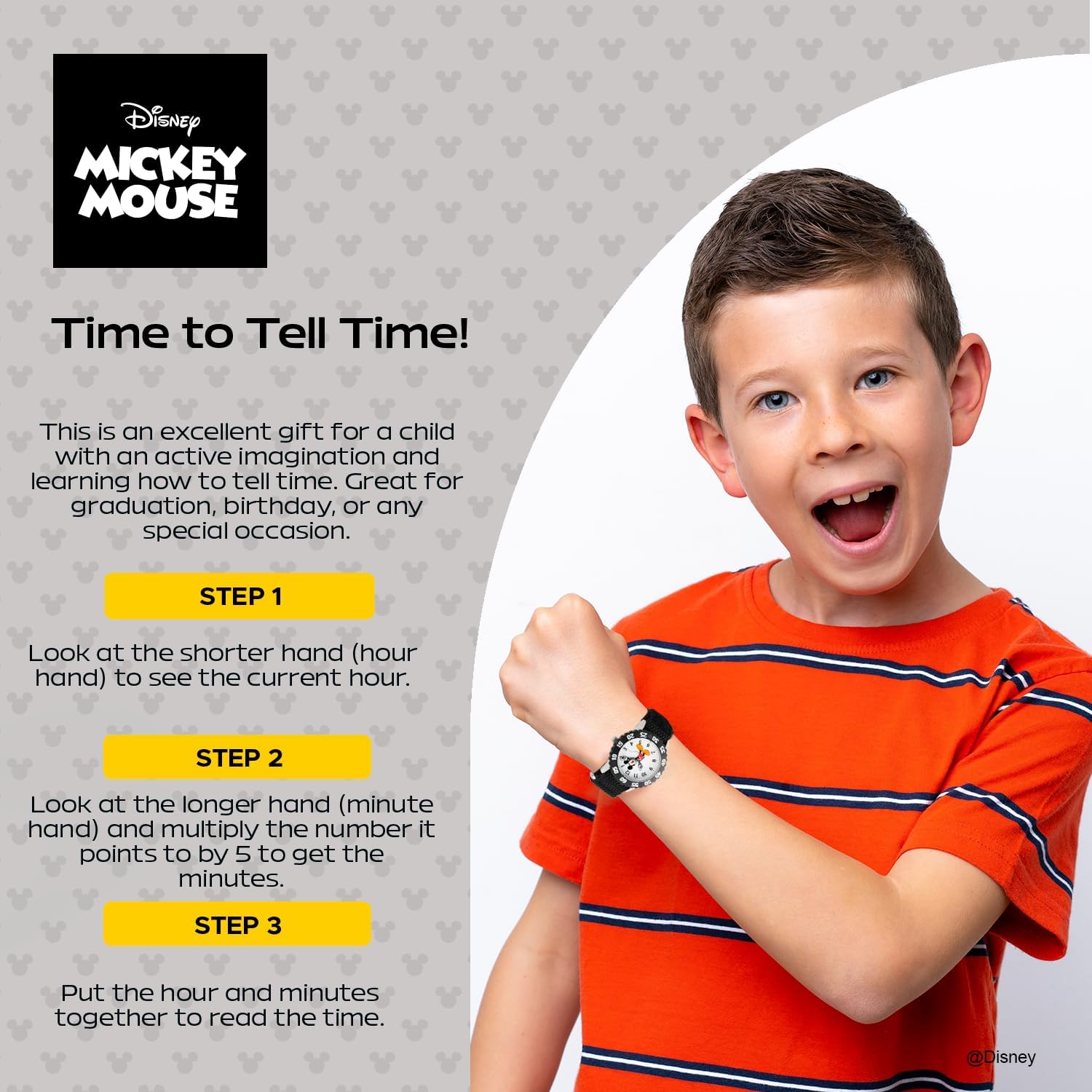 Disney Mickey Mouse Kids' Bezel Stainless Steel Time Teacher Analog Nylon Strap Watch - Image 5