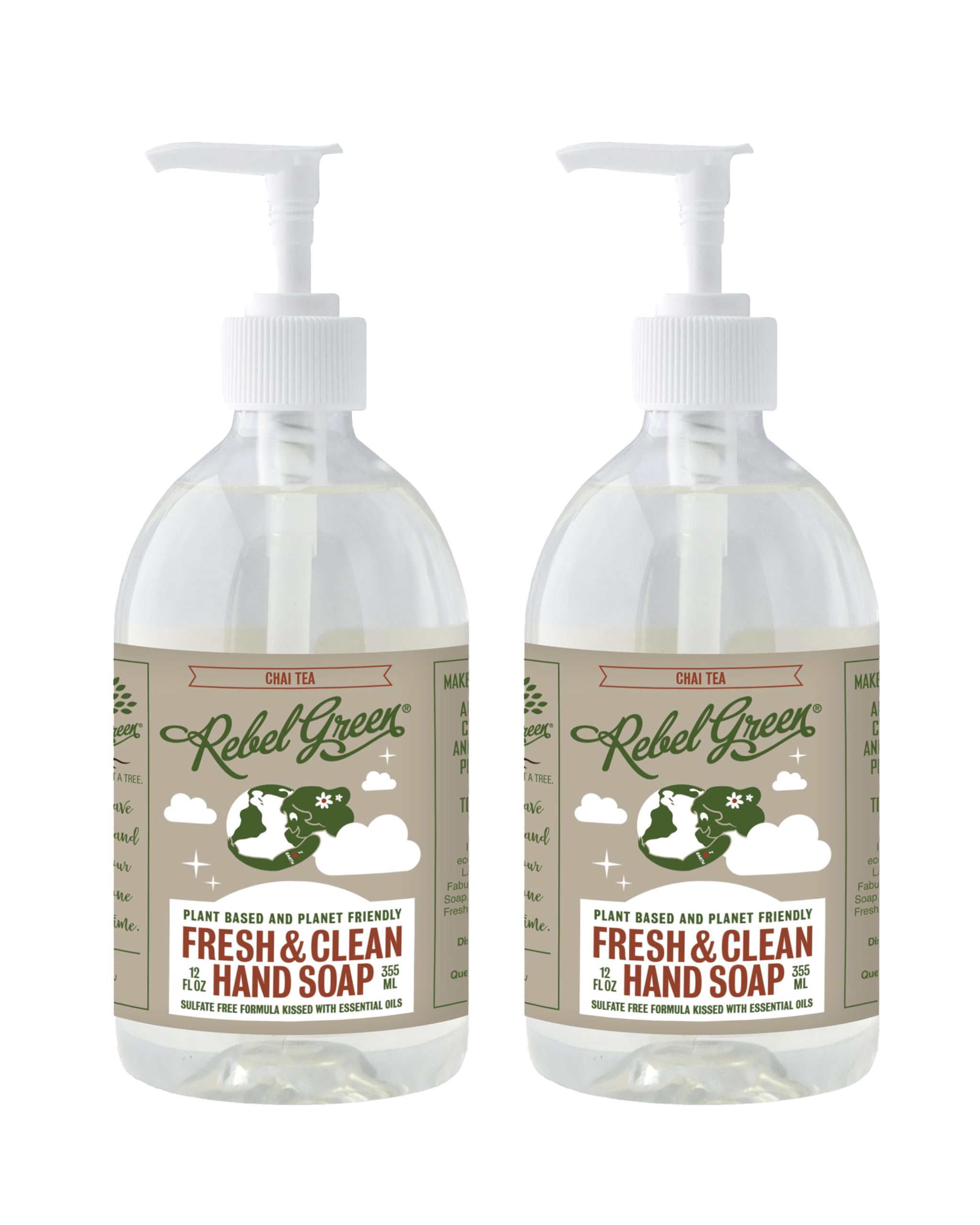 Rebel Green Fresh & Clean Hand Soap - Natural Liquid Hand Soap for Bathroom & Kitchen - Chai Tea, 12 Fl oz, Pack of 2