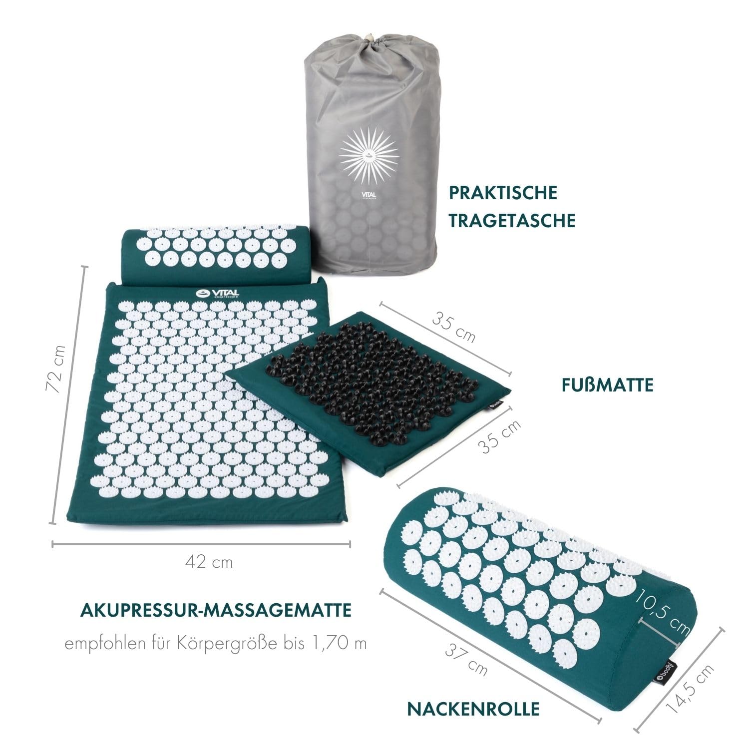 Bodhi VITAL Akupressurmatte Deluxe-Set Soft | Massagematte im Set mit Nadelkissen, Fußmatte & Tasche | Selbstmassage für zu Hause | Fakirmatte gegen Nacken & Rückenschmerzen | petrol