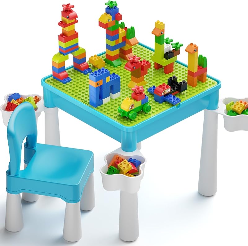 Toddler Building Table Set: 1 Chair 128 Blocks Storage Box Blue | Leakproof top for sand/water. Sturdy ABS, smooth edges. 1 chair & 128 bricks. Ideal 3+ yrs indoor/outdoor. Great gift