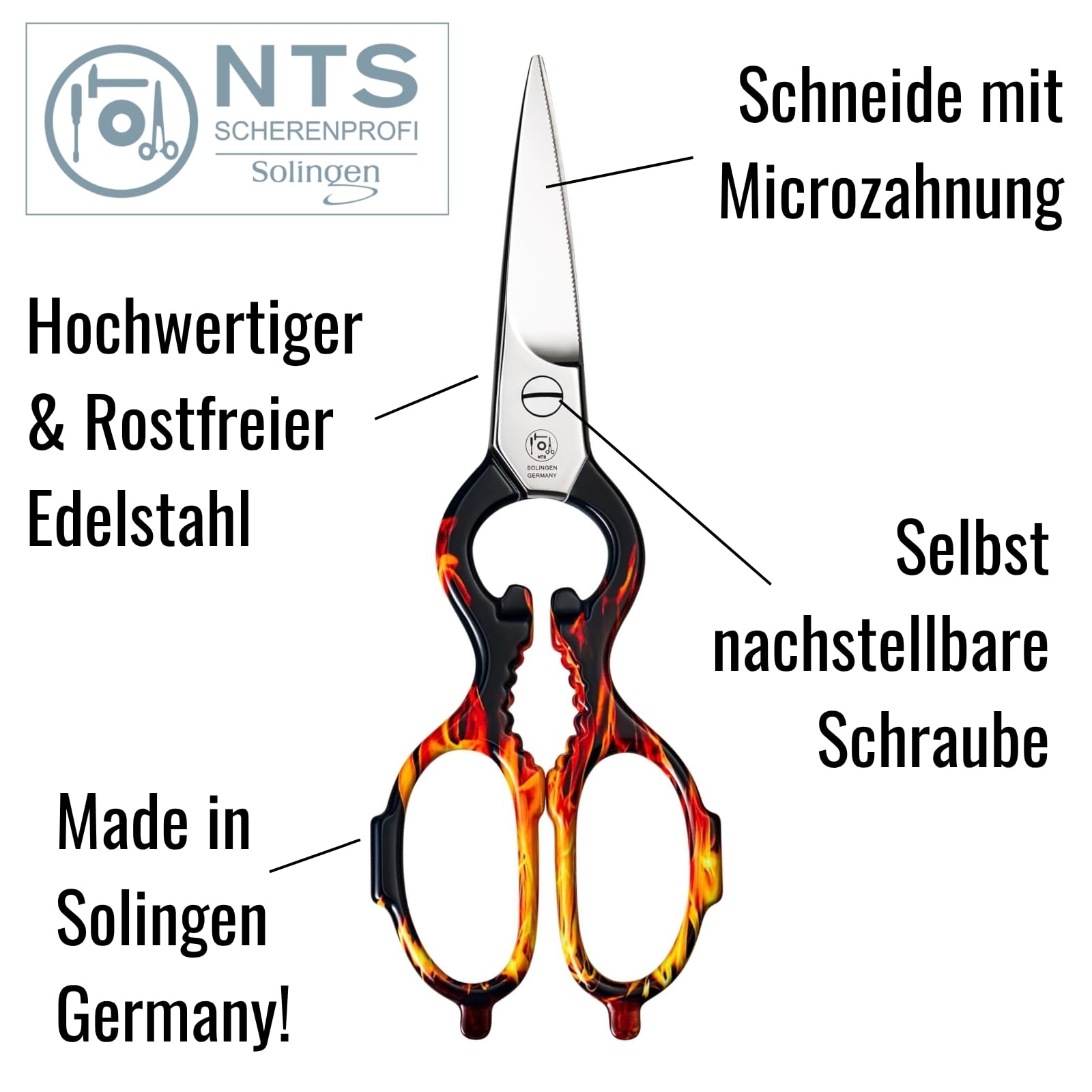 NTS Solingen Tijeras de cocina forjadas de acero inoxidable, edición BBQ Edition, fabricadas en Alemania, tijeras domésticas de alta calidad adecuadas para diestros y zurdos, tijeras afiladas para la